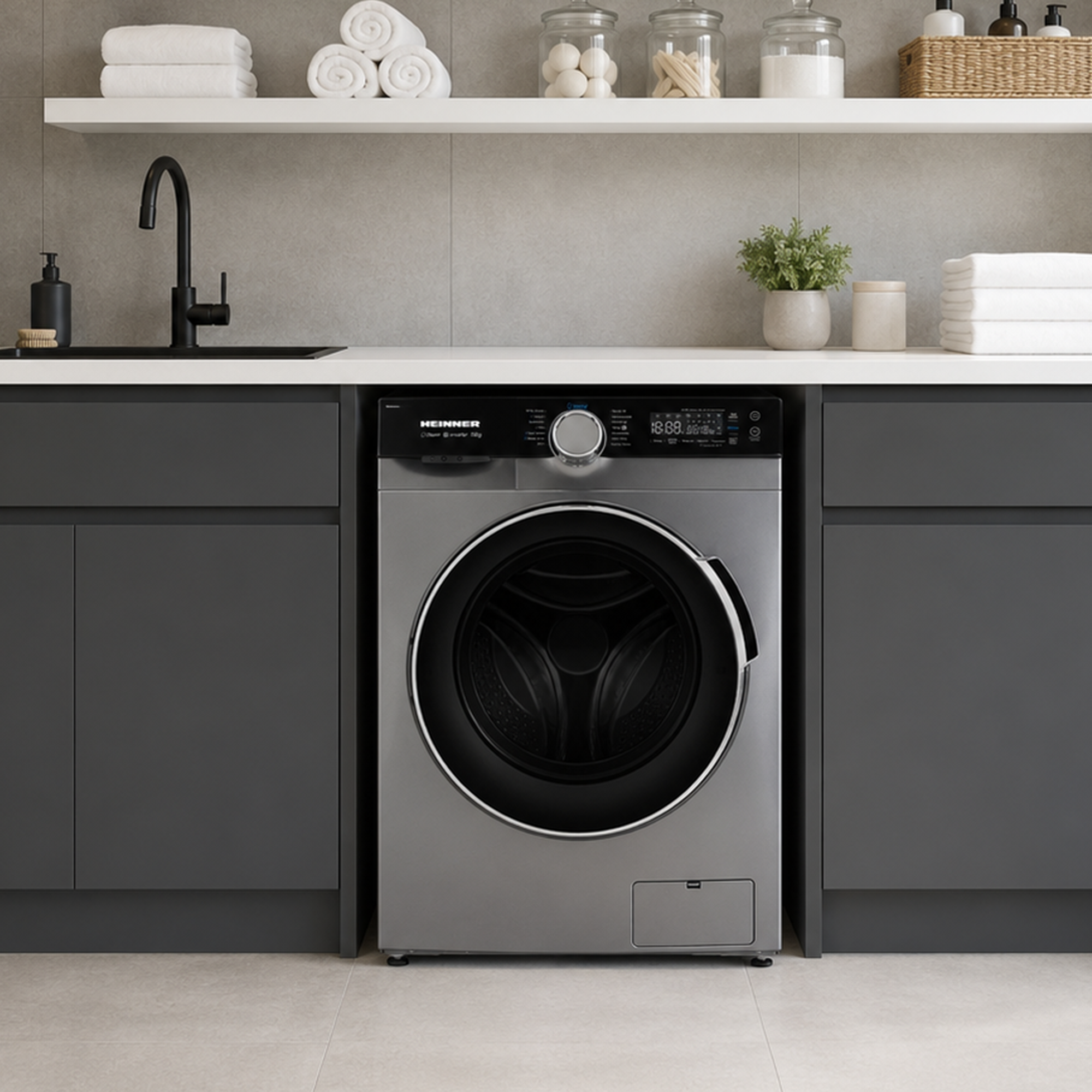 Lave-linge argenté sous un plan de travail avec évier et étagères.