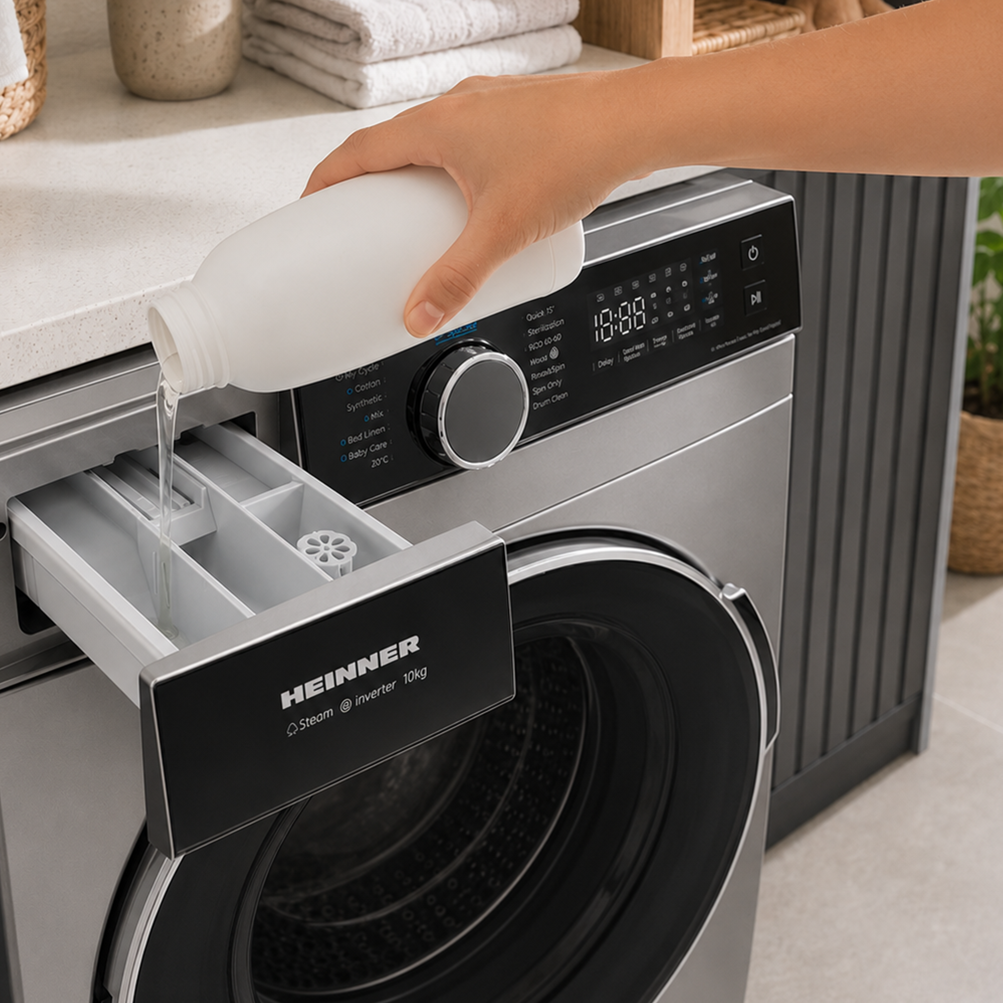 Main versant de la lessive liquide dans le tiroir ouvert d'un lave-linge moderne.