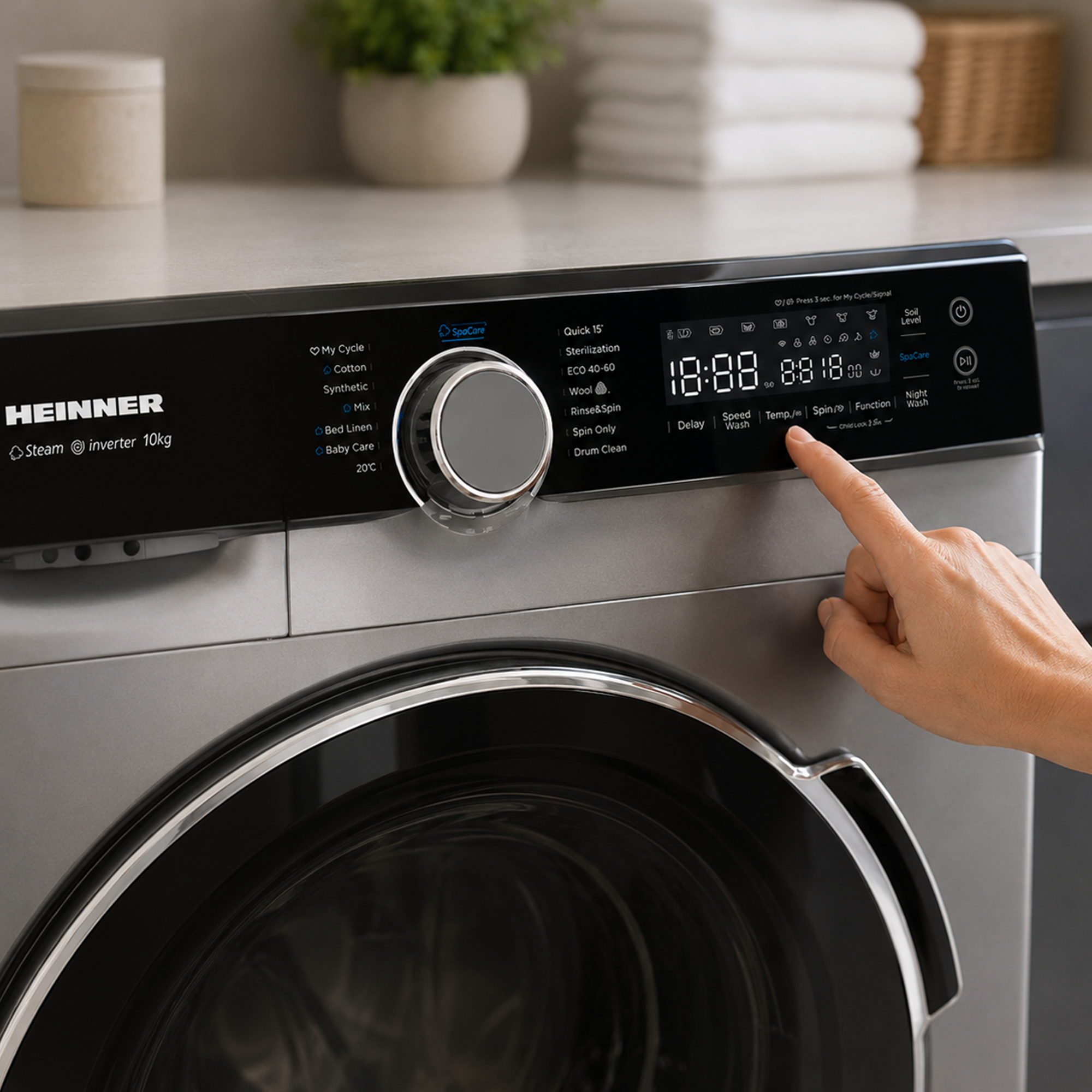 Une main appuie sur l'écran tactile du panneau de commande d'un lave-linge Heinner argenté.