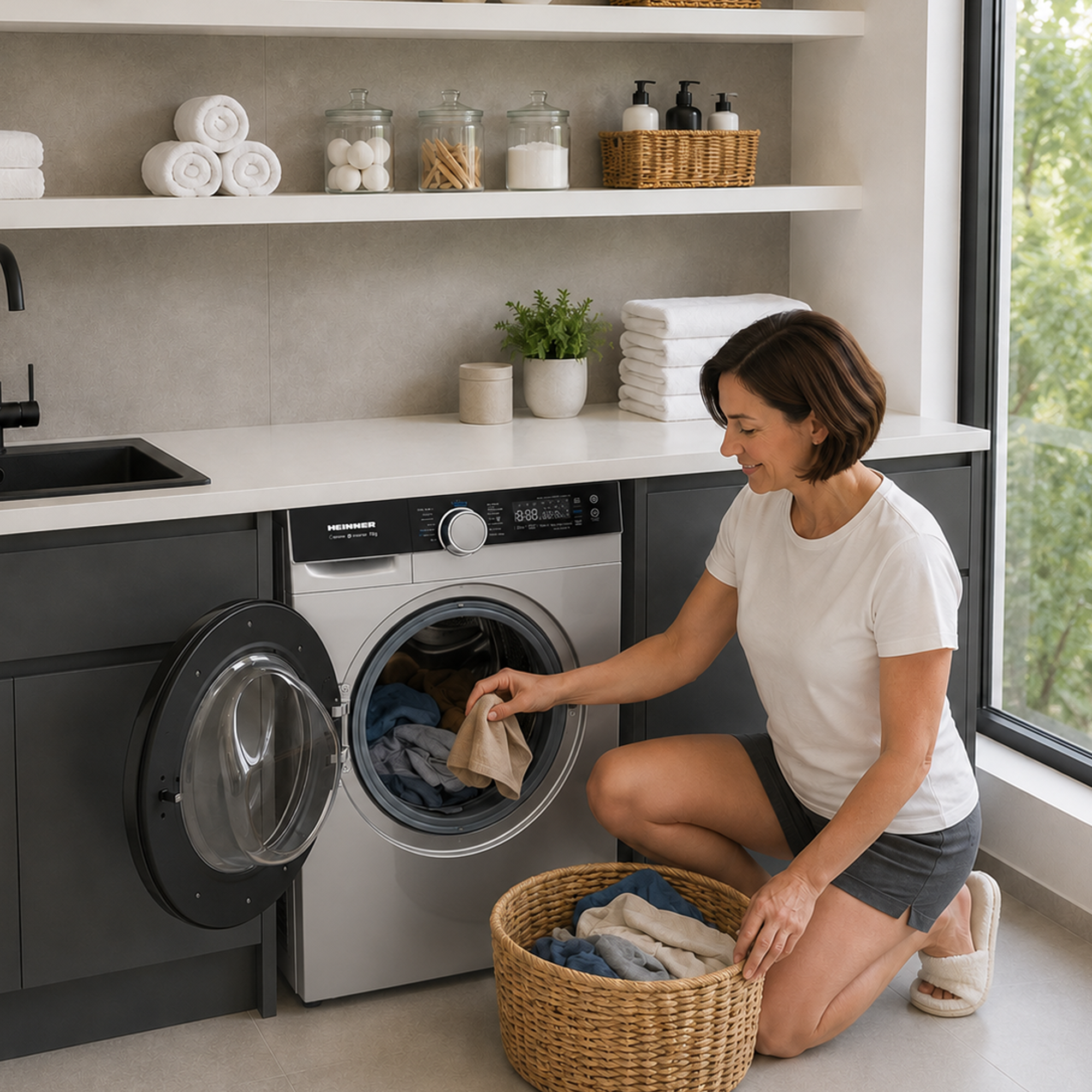 Une femme en chemise blanche sort le linge d'un lave-linge.