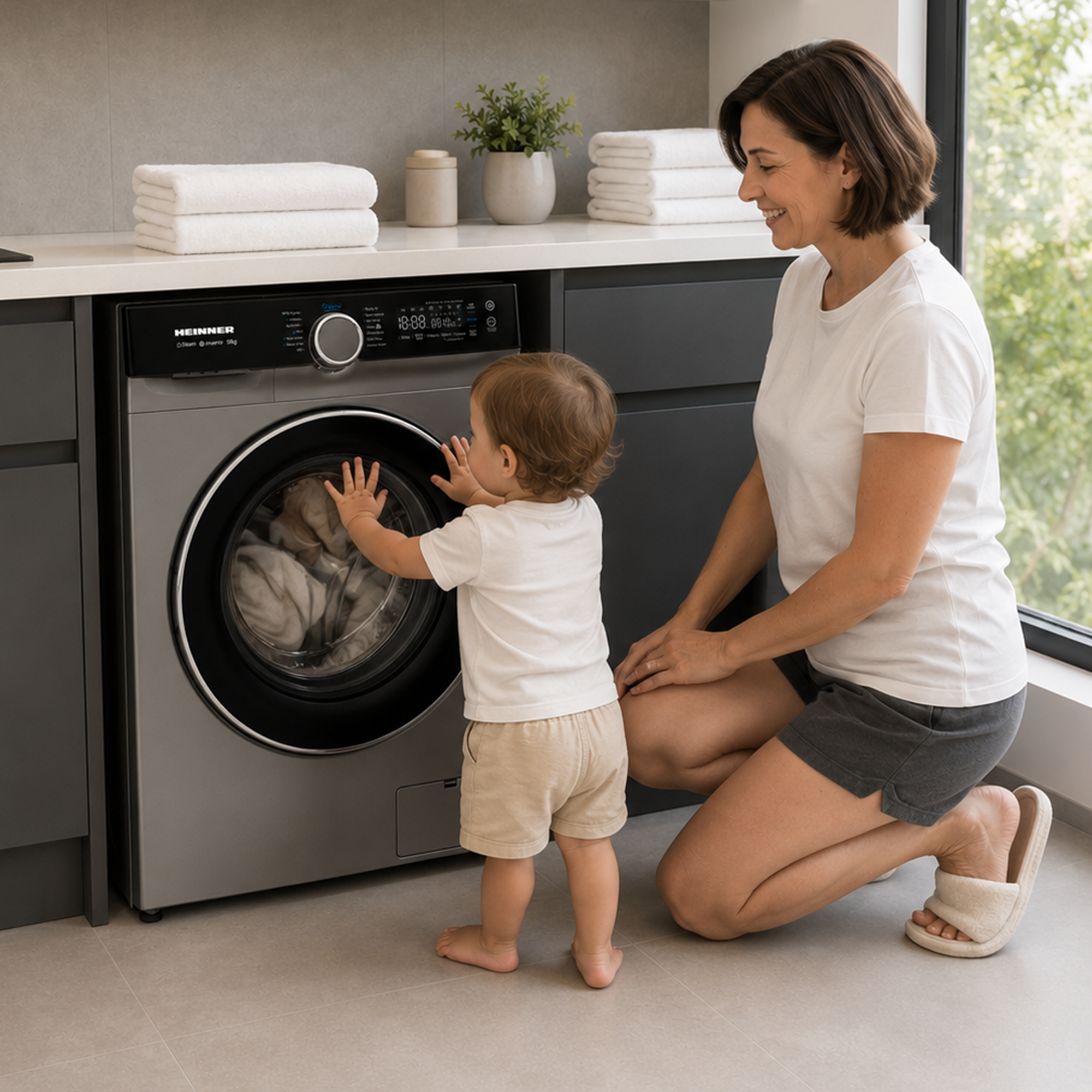 Une femme sourit en s'agenouillant pendant qu'un tout-petit touche la vitre d'un lave-linge dans une cuisine.