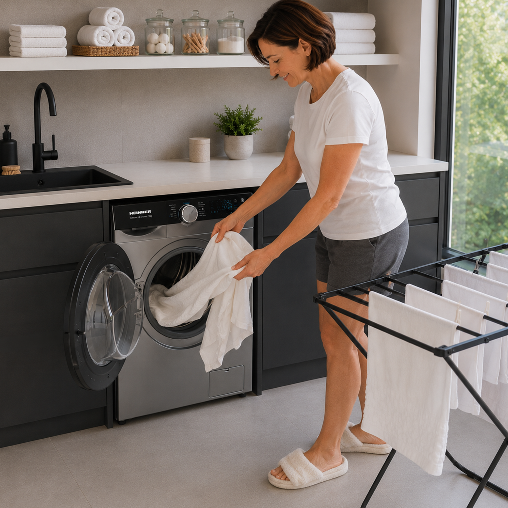 Une femme en t-shirt blanc charge du linge blanc dans un lave-linge dans une cuisine moderne.