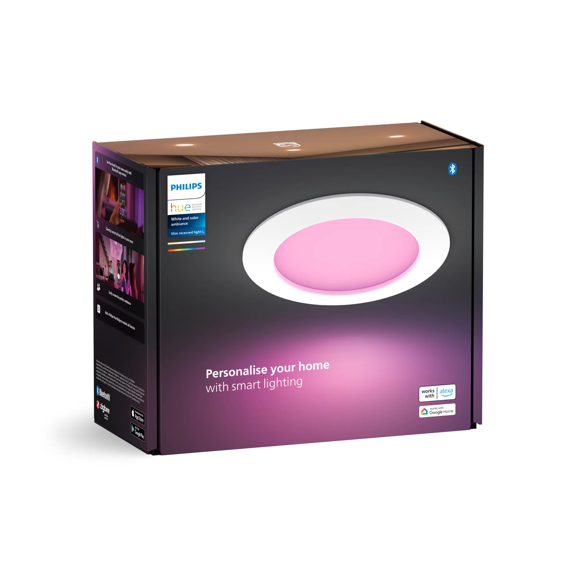 Scatola faretto da incasso Philips Hue grigio scuro con anello luminoso rosa, controllo app e logo Alexa.