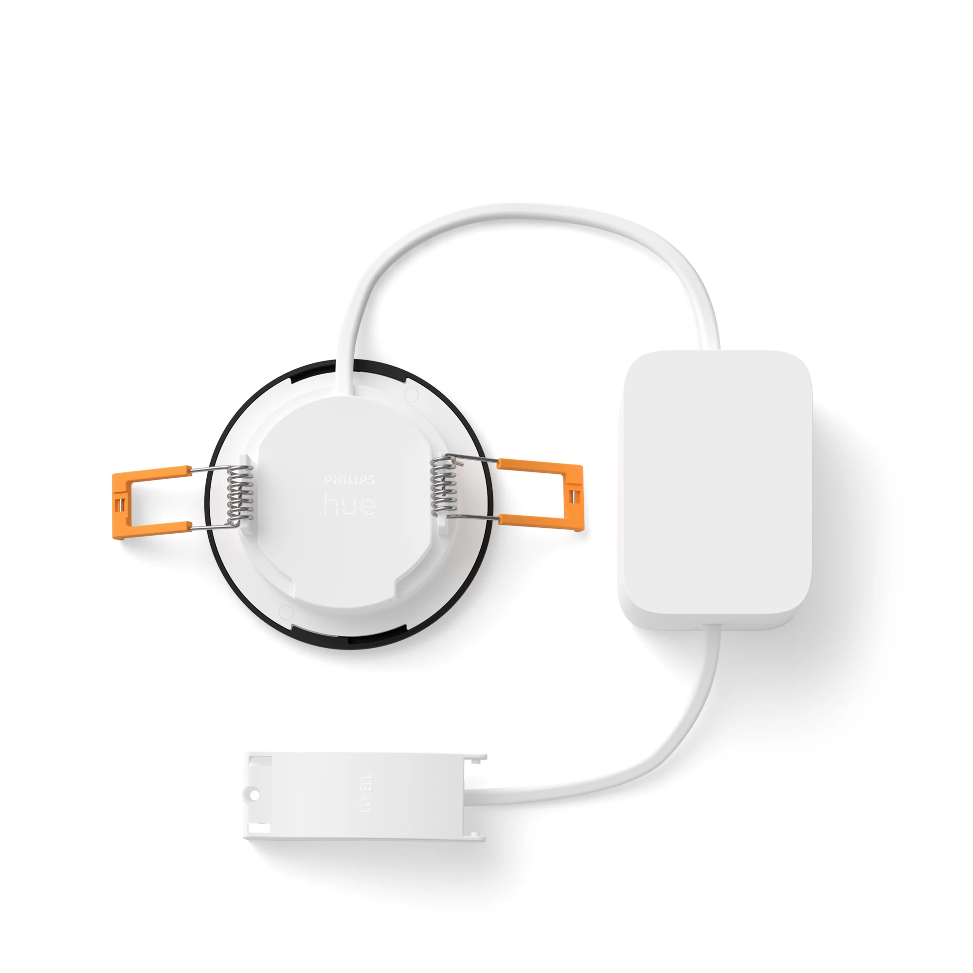 Philips Hue Einbaustrahler in weiß mit Controller und Kabel auf weißem Hintergrund.