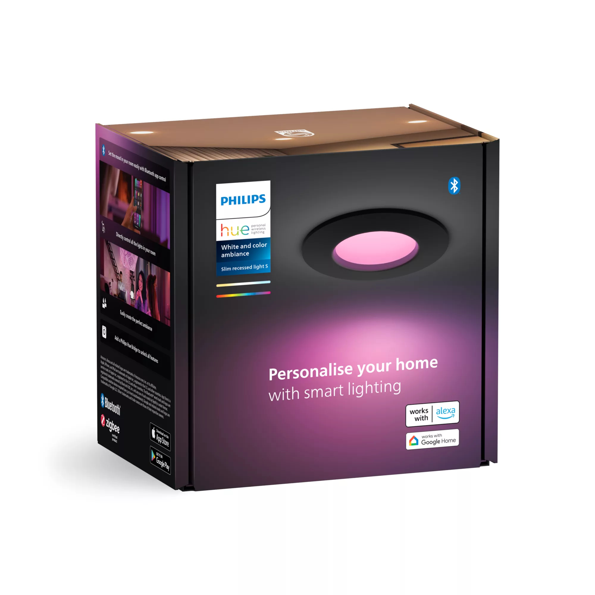 Verpackung für Philips Hue Slim Recessed Light S mit Beleuchtungsbeispielen und Smart-Home-Kompatibilitätslogos.