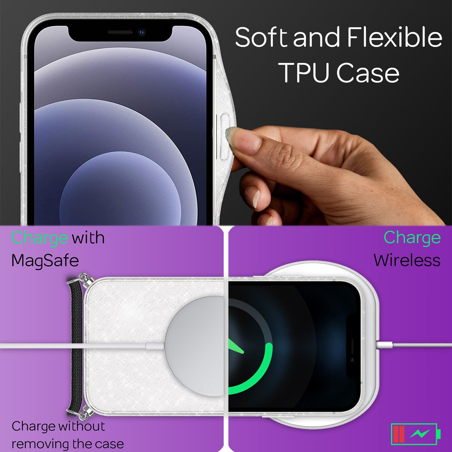 Morbida custodia in TPU per smartphone con ricarica wireless e MagSafe.