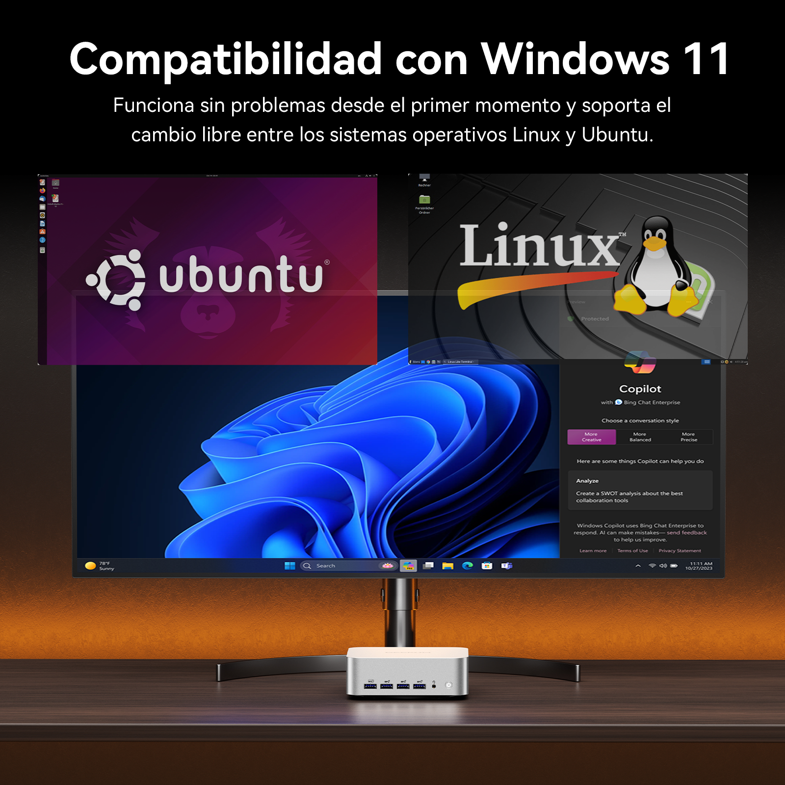 Un mini PC muestra Windows 11 en un monitor, con ventanas de Ubuntu y Linux de fondo.
