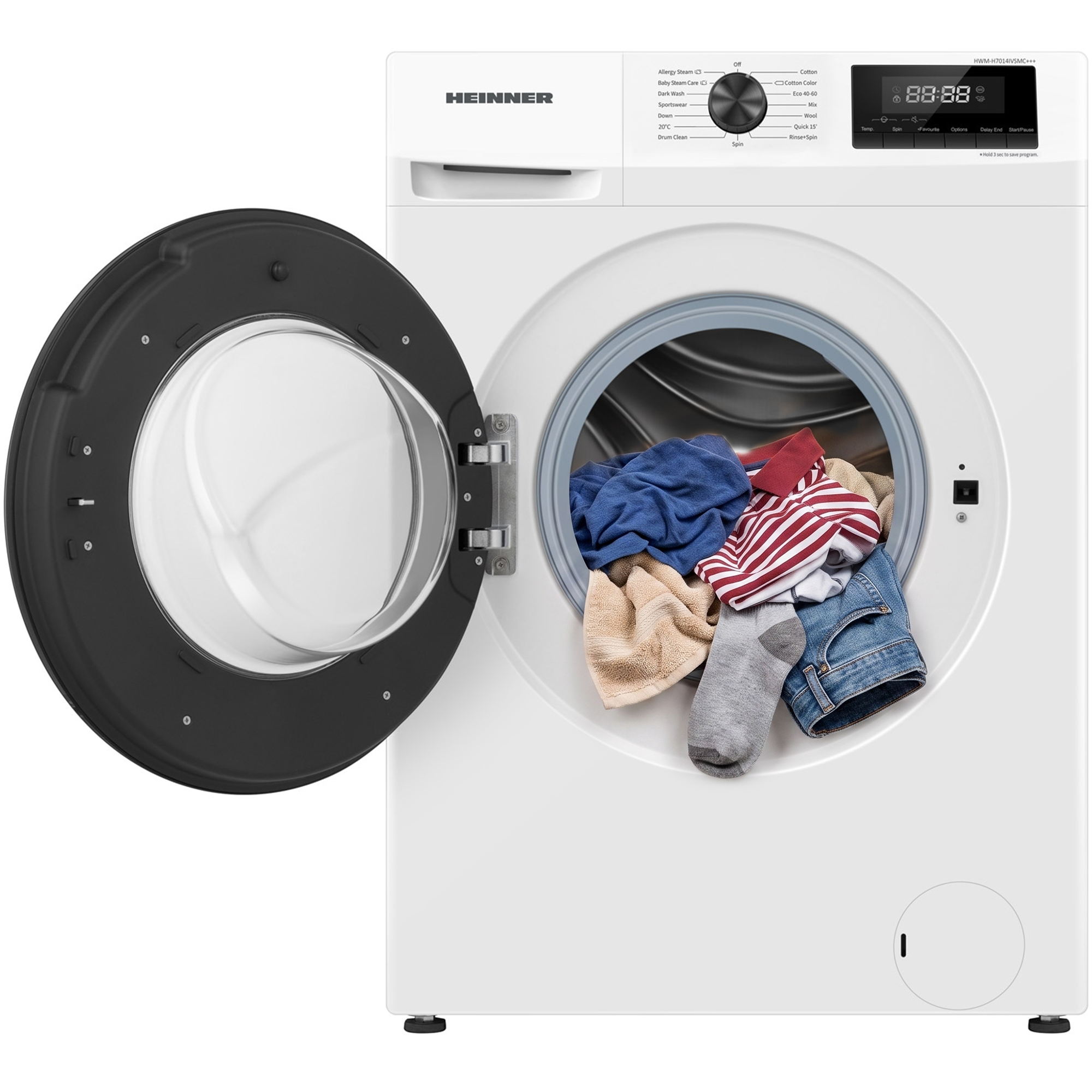 Un lave-linge blanc Heinner avec une porte ouverte, rempli de linge coloré.