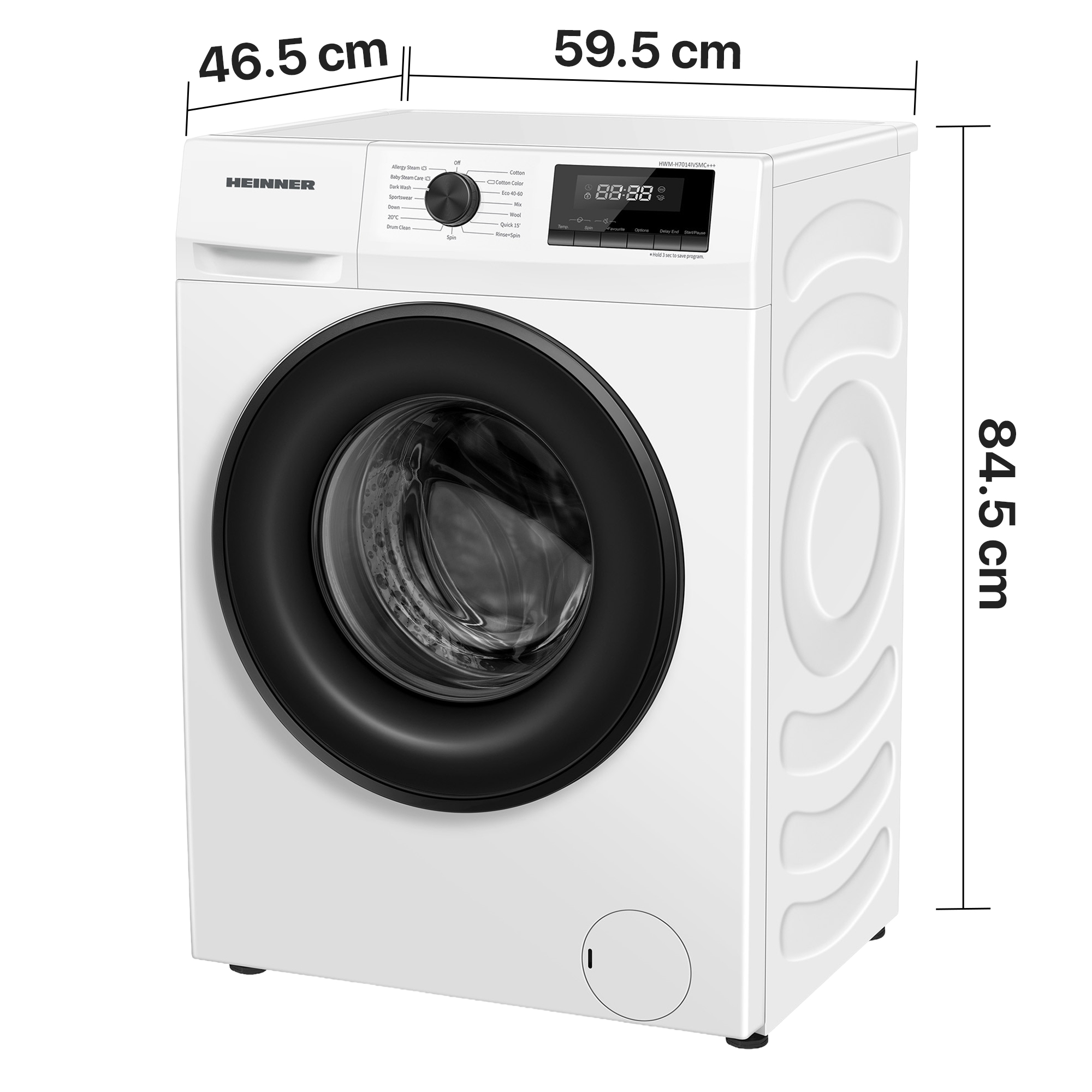 Lave-linge hublot blanc Heinner avec hublot noir et dimensions en centimètres.