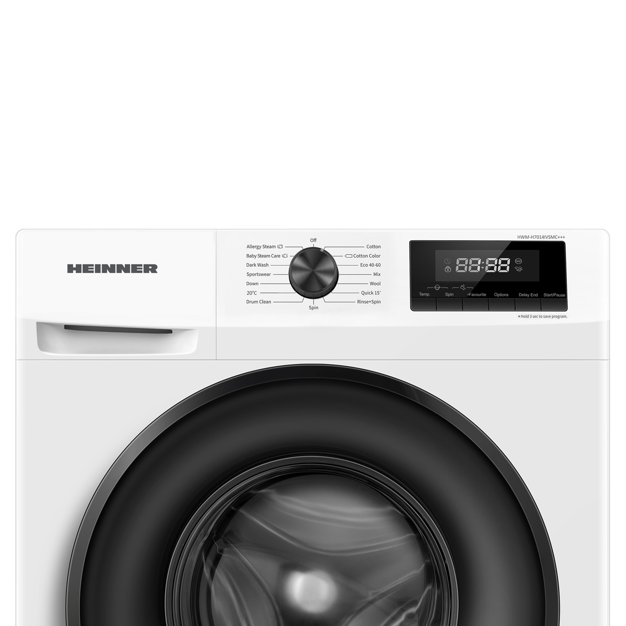 Lave-linge blanc Heinner avec bouton rotatif et écran numérique.
