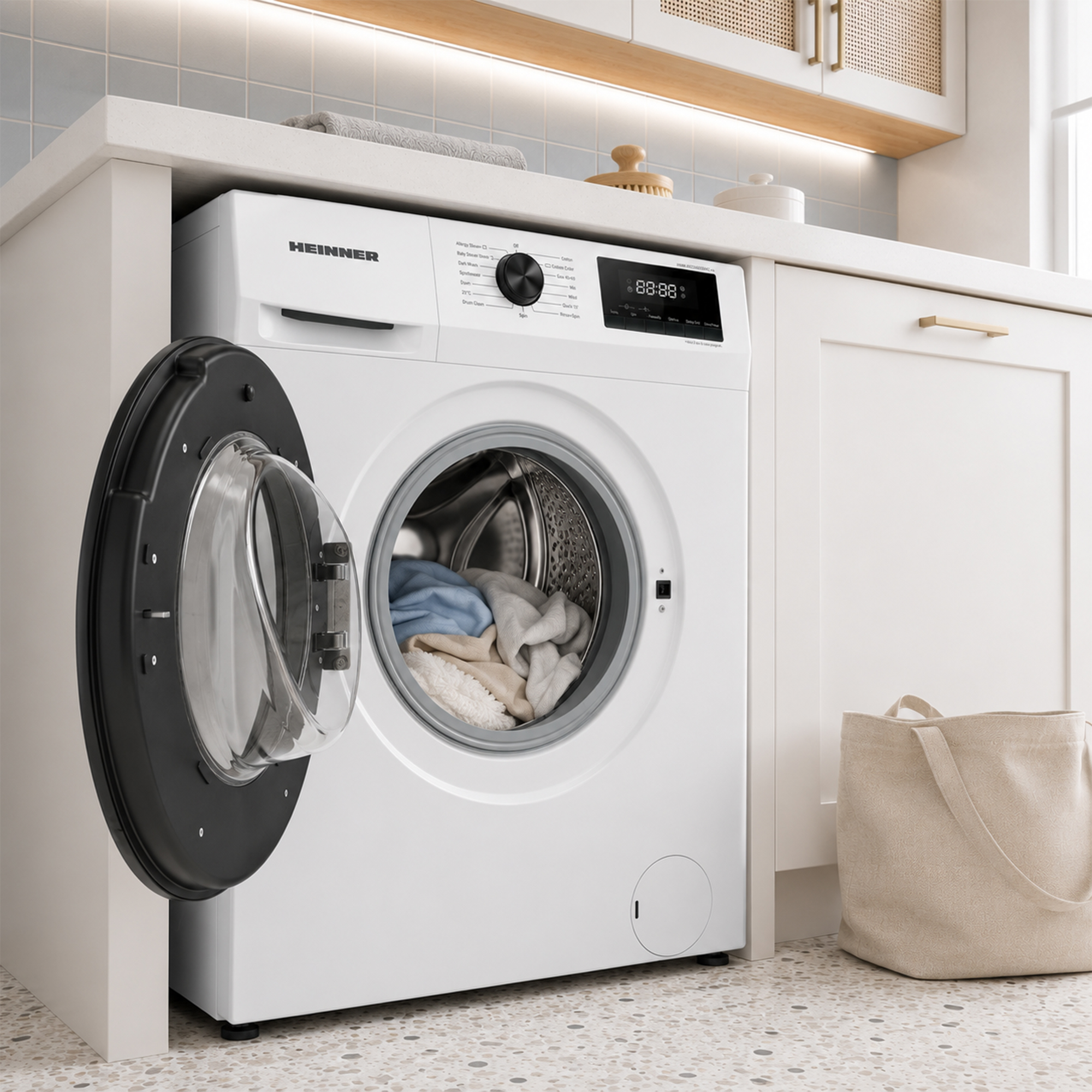 Un lave-linge blanc Heinner à porte ouverte se trouve dans une cuisine moderne avec un sac.
