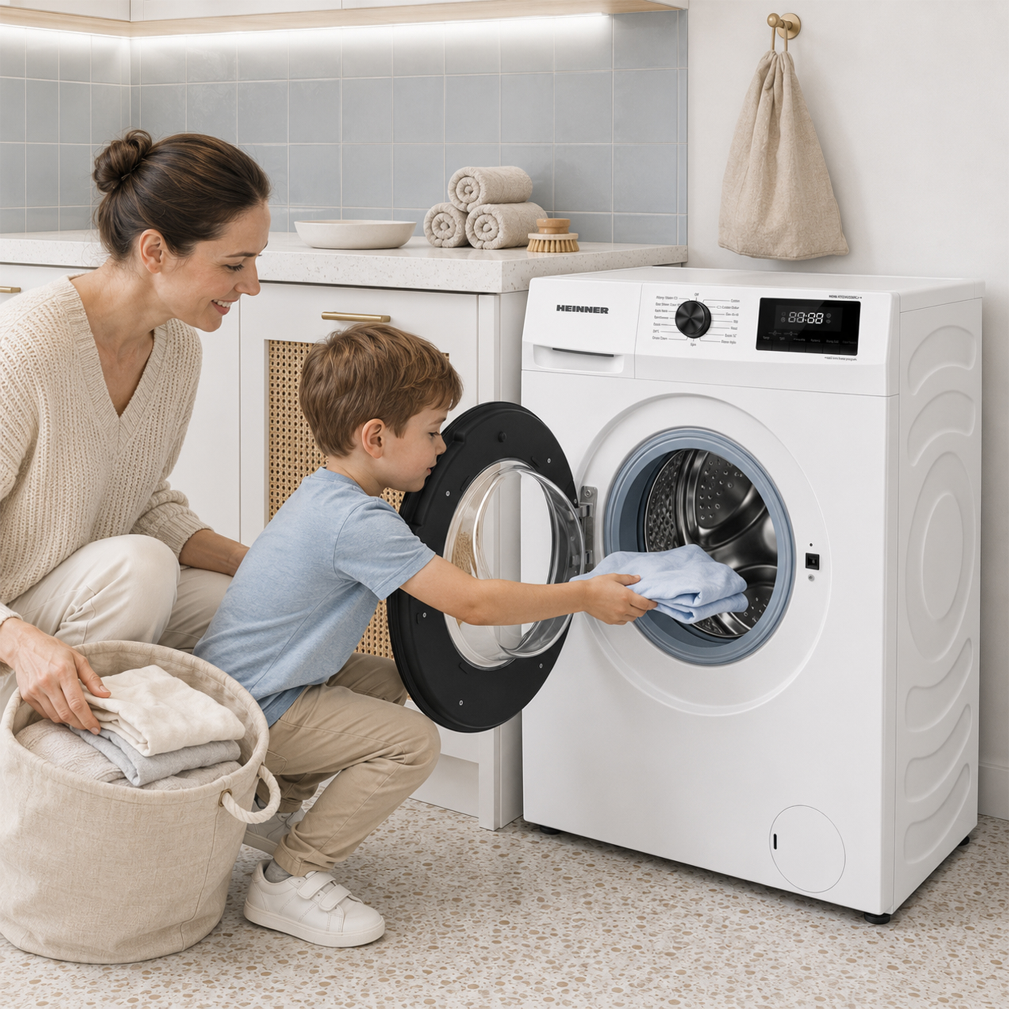 Une mère et un jeune garçon chargent du linge dans un lave-linge blanc dans une buanderie.