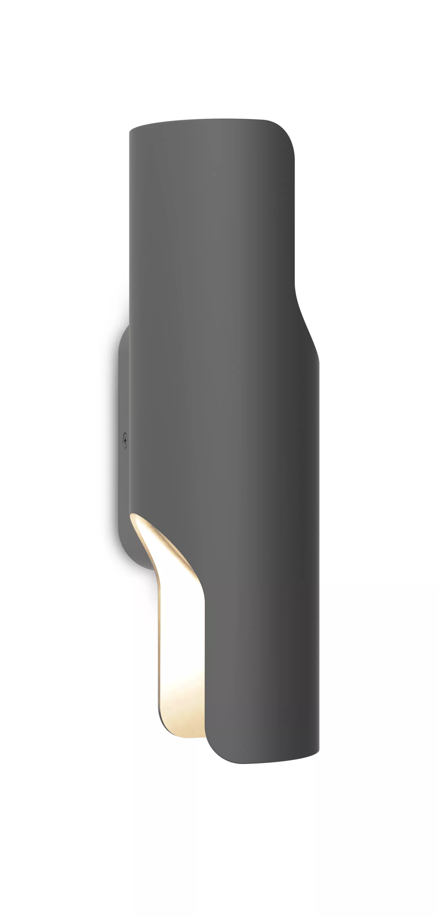 Eine moderne graue Wandleuchte mit einem sanften, nach unten gerichteten Lichtstrahl vor weißem Hintergrund.