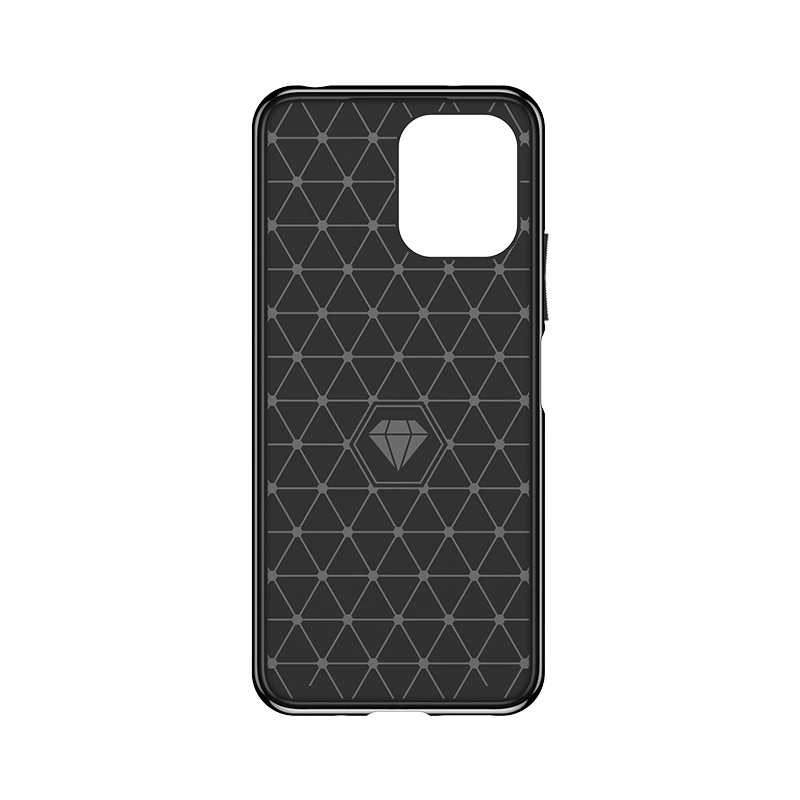Schwarze Schutzhülle für Mobiltelefone mit dreieckigem Gittermuster und zentralem Rautenlogo.