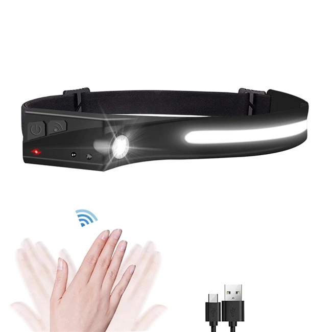 Una lampada frontale LED nera con sensore di movimento, striscia luminosa e cavo USB.
