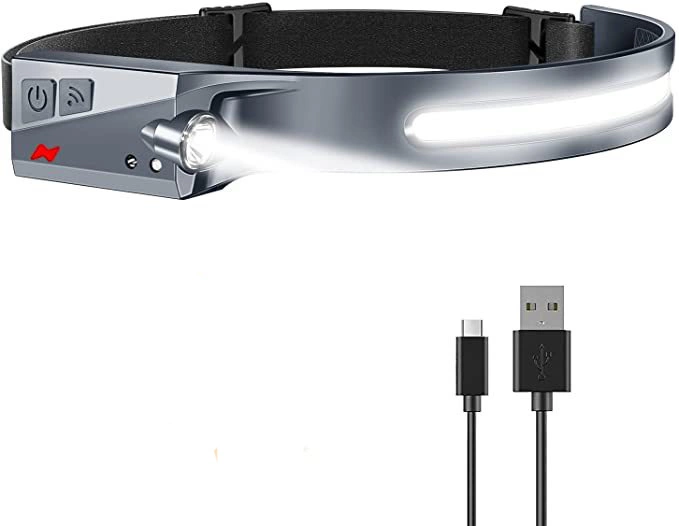 Una lampada frontale LED grigia con ampia fascia luminosa, faretto e cavo USB.