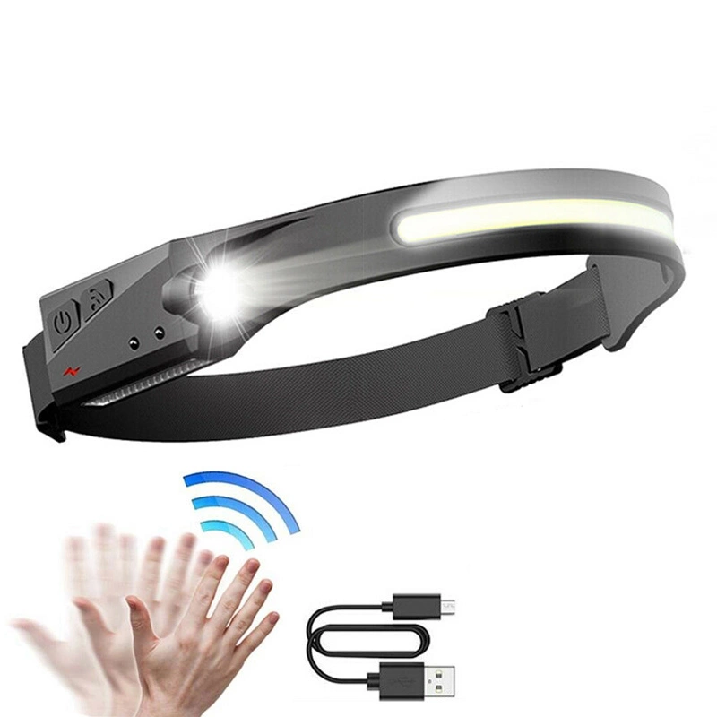 Lampada frontale LED nera con ampia fascia luminosa, sensore di movimento e cavo USB.