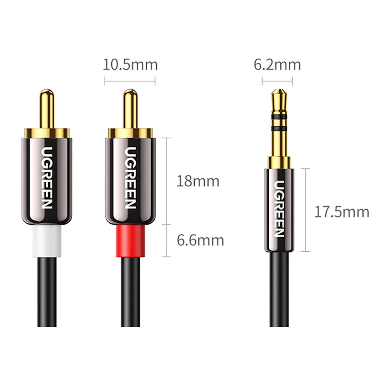 Diagramma con le dimensioni dei connettori audio Ugreen, due spine RCA e un jack da 3,5 mm.