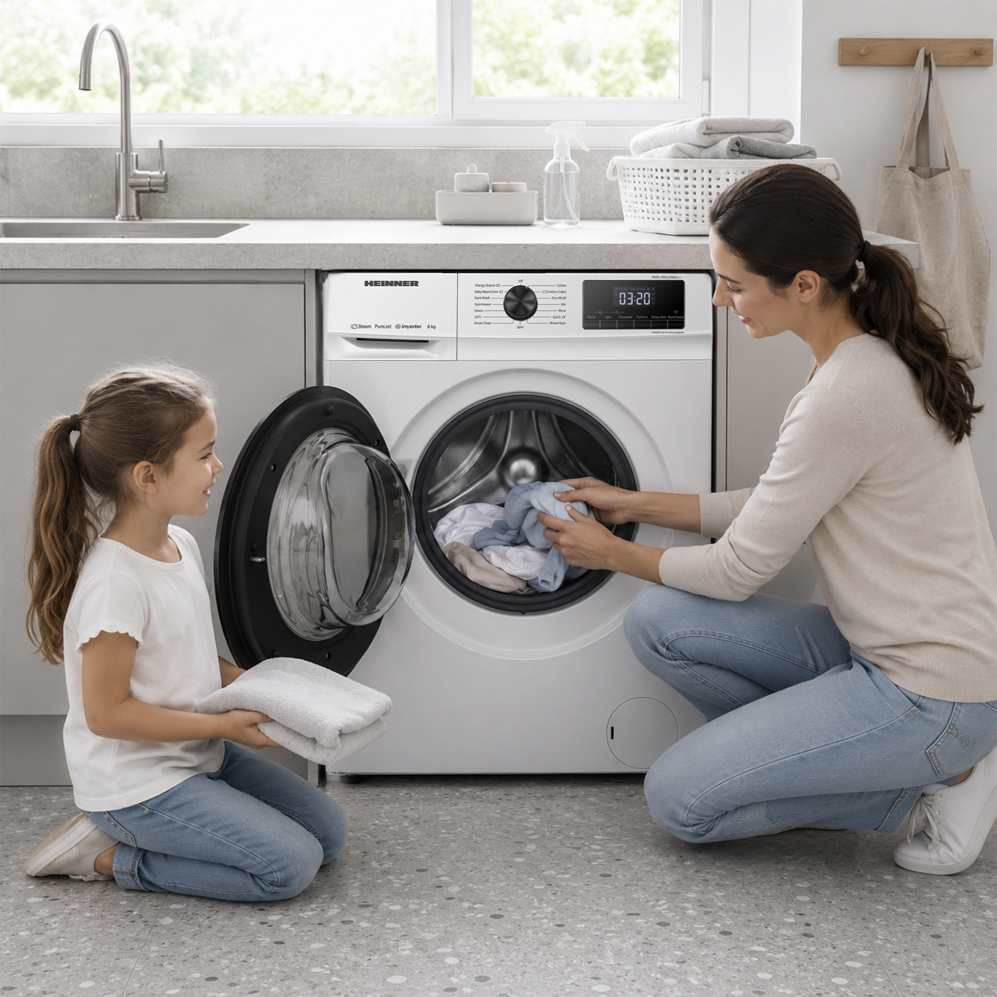 Femme et enfant agenouillés près d'un lave-linge, chargeant du linge.