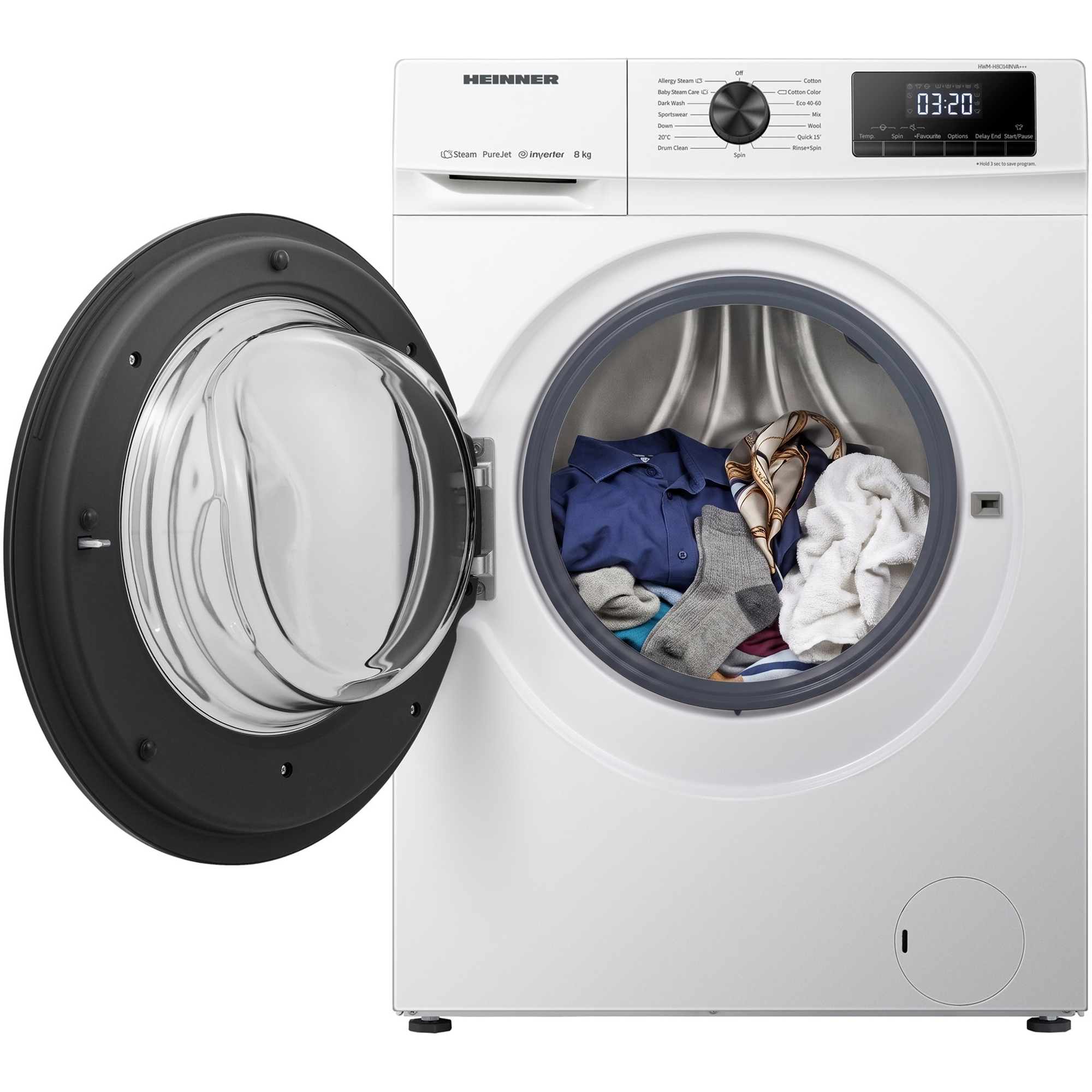 Lave-linge hublot blanc avec la porte ouverte, montrant des vêtements dans le tambour et un panneau numérique.