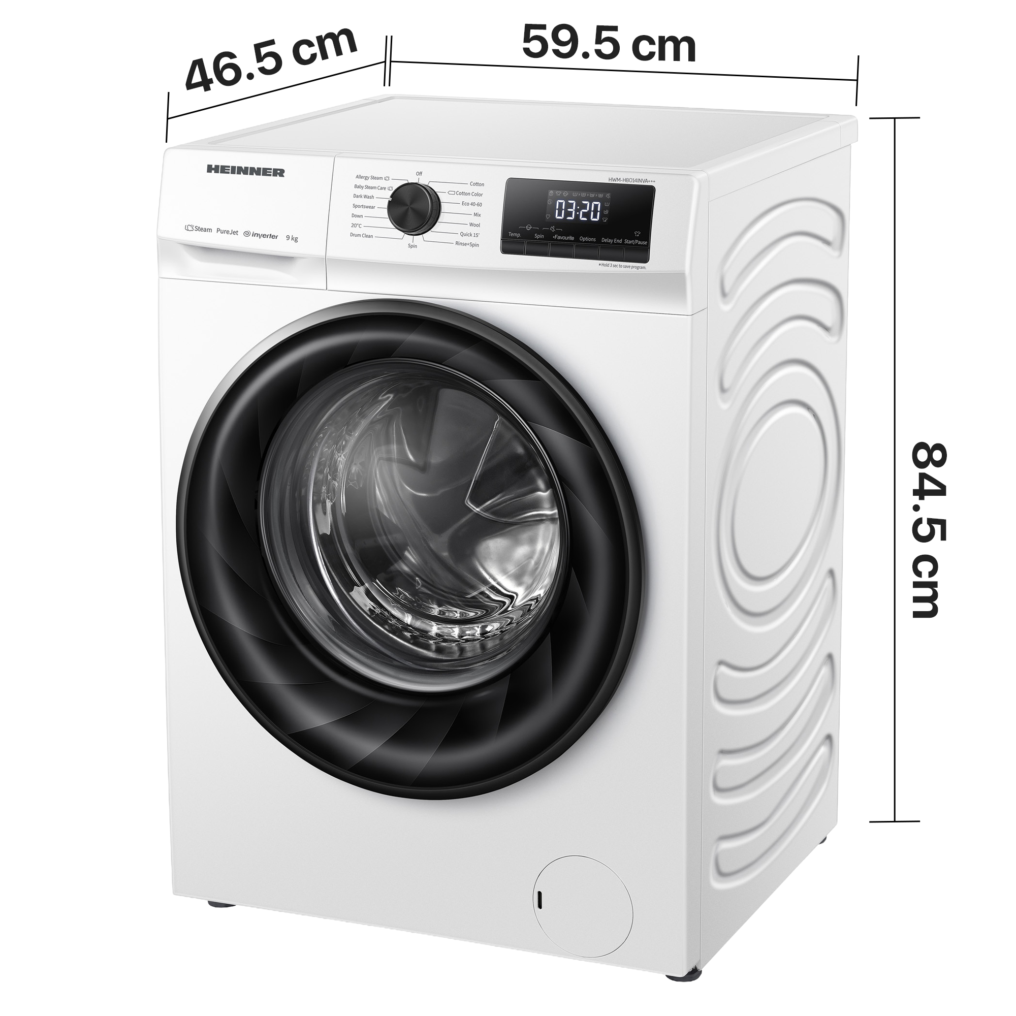 Lave-linge frontal blanc de 59.5 cm de largeur, 46.5 cm de profondeur et 84.5 cm de hauteur.