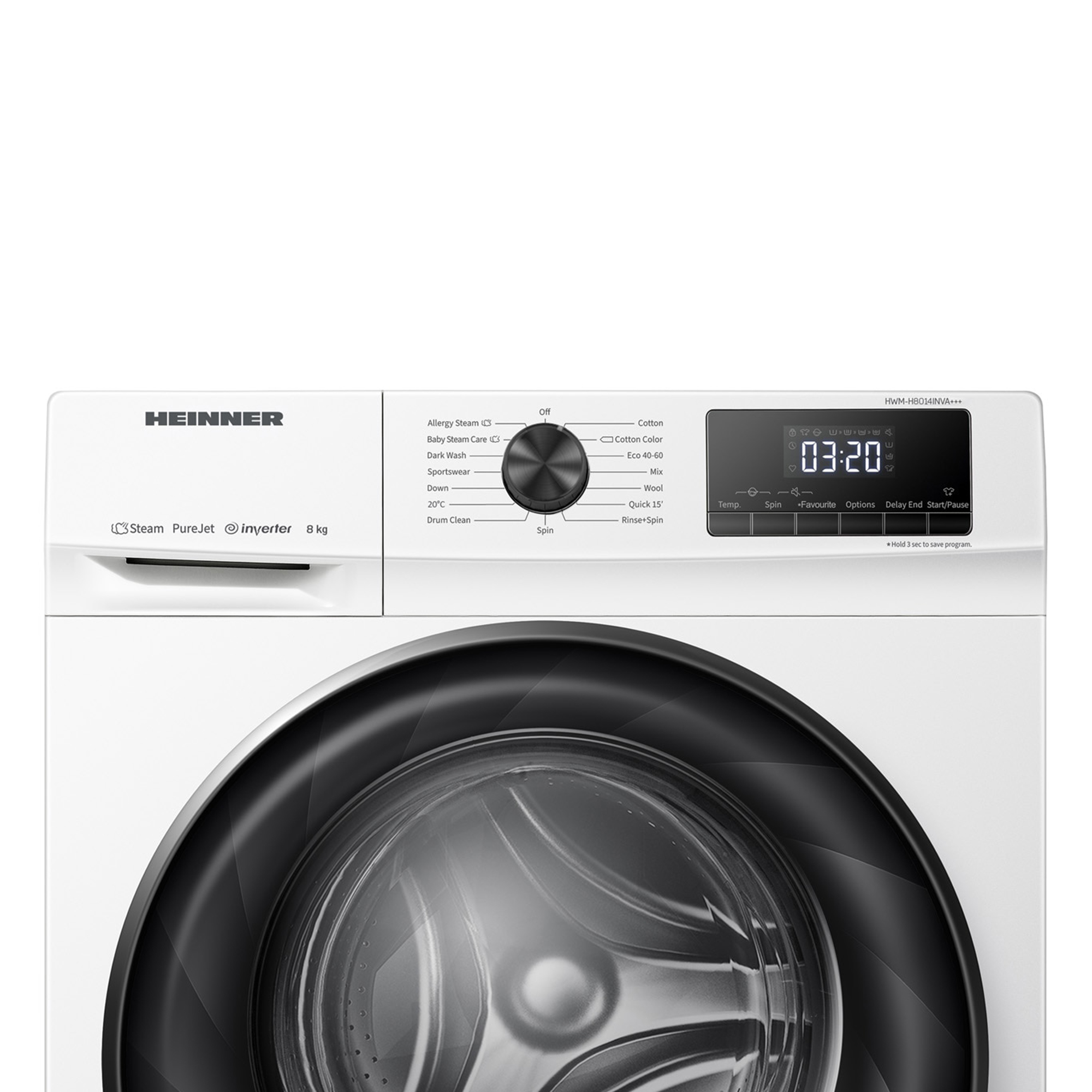 Lave-linge blanc Heinner avec bouton rotatif, affichage numérique et hublot en verre.