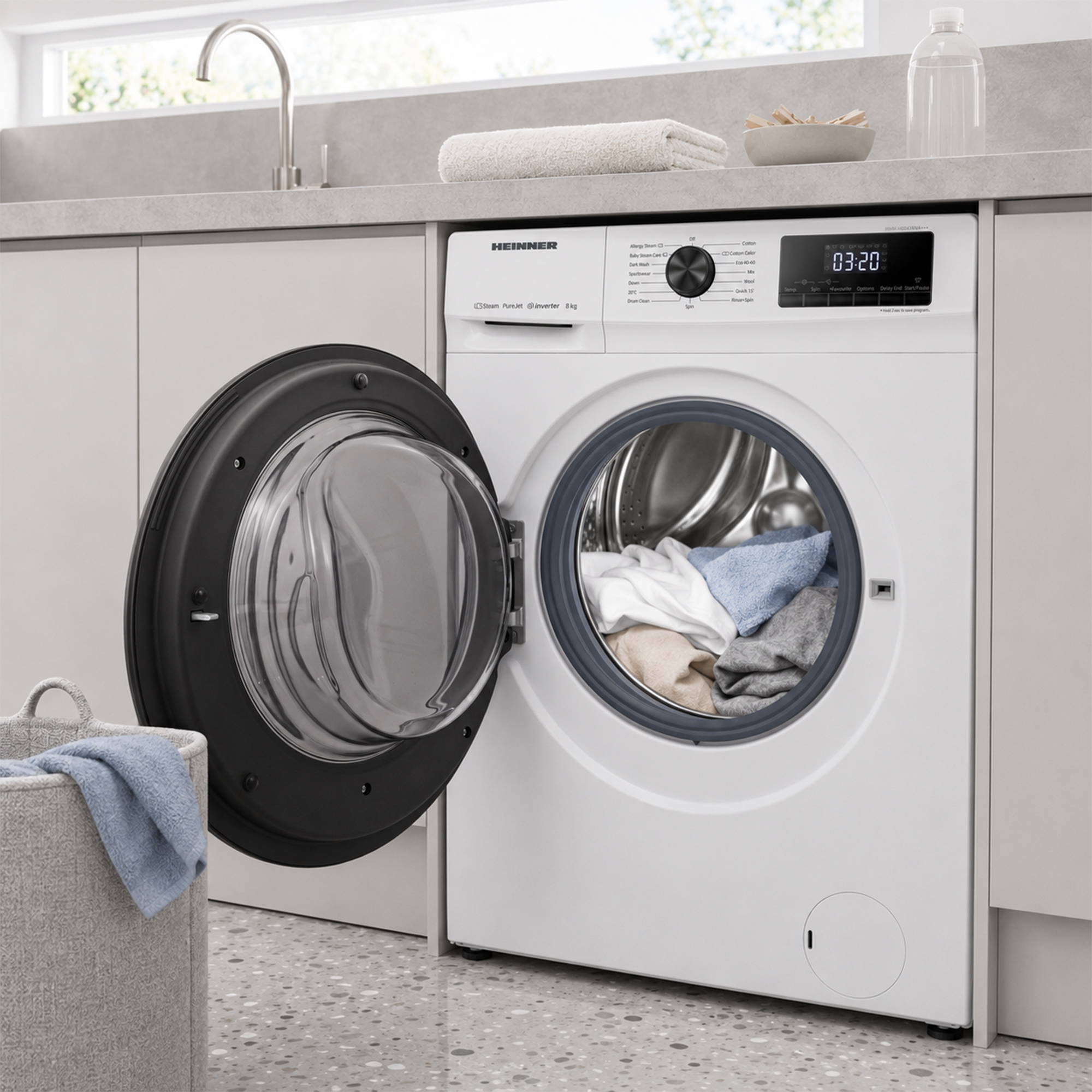 Un lave-linge blanc Heinner avec la porte ouverte, chargé de linge, dans une cuisine moderne.