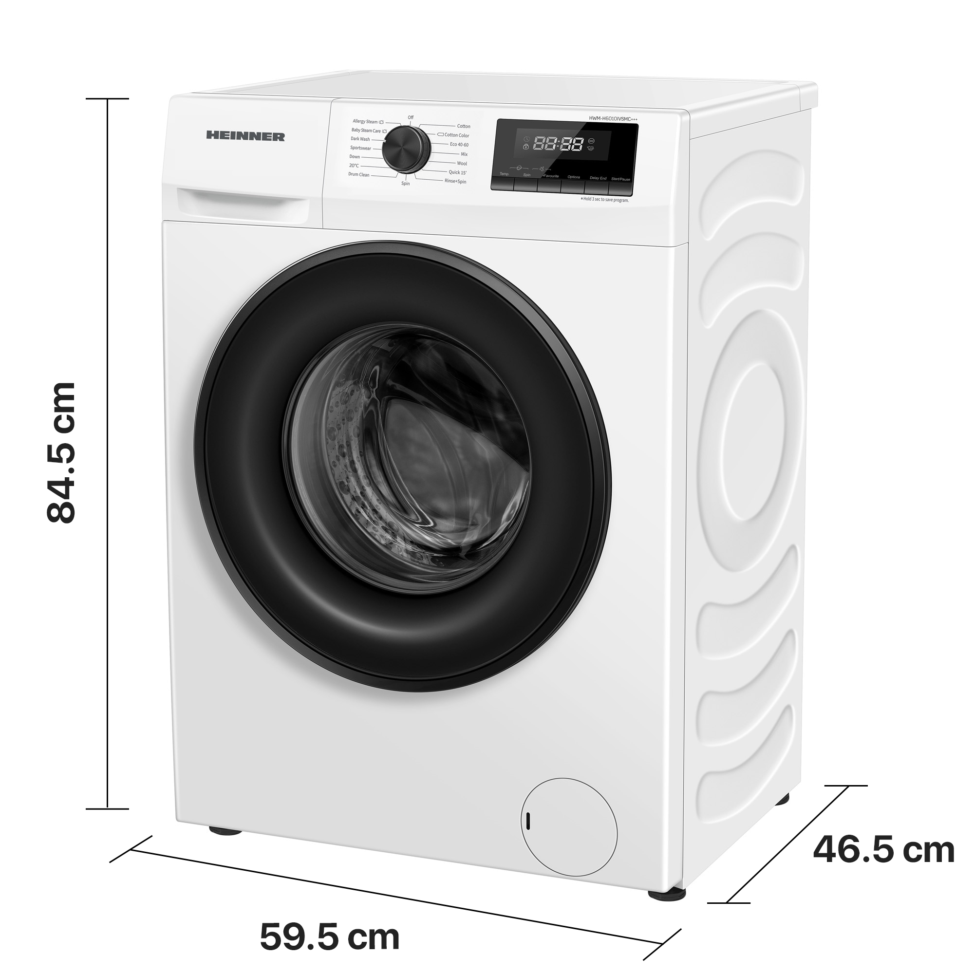 Un lave-linge blanc Heinner de 84,5x59,5x46,5 cm avec écran numérique et hublot noir.
