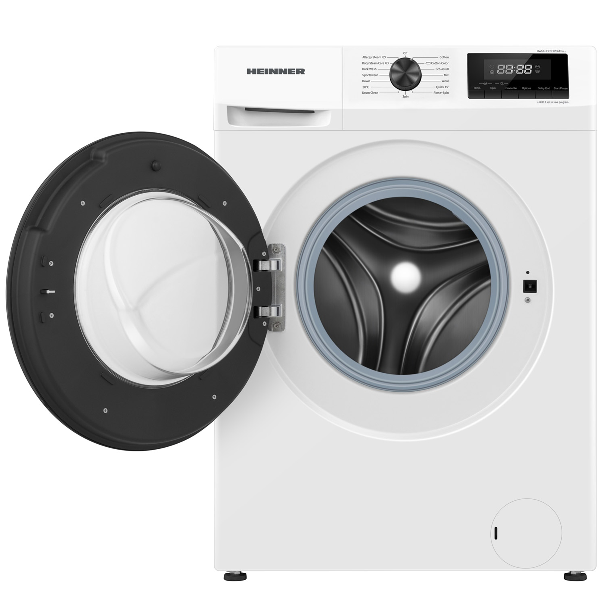 Un lave-linge blanc Heinner avec hublot ouvert et panneau de commande noir.