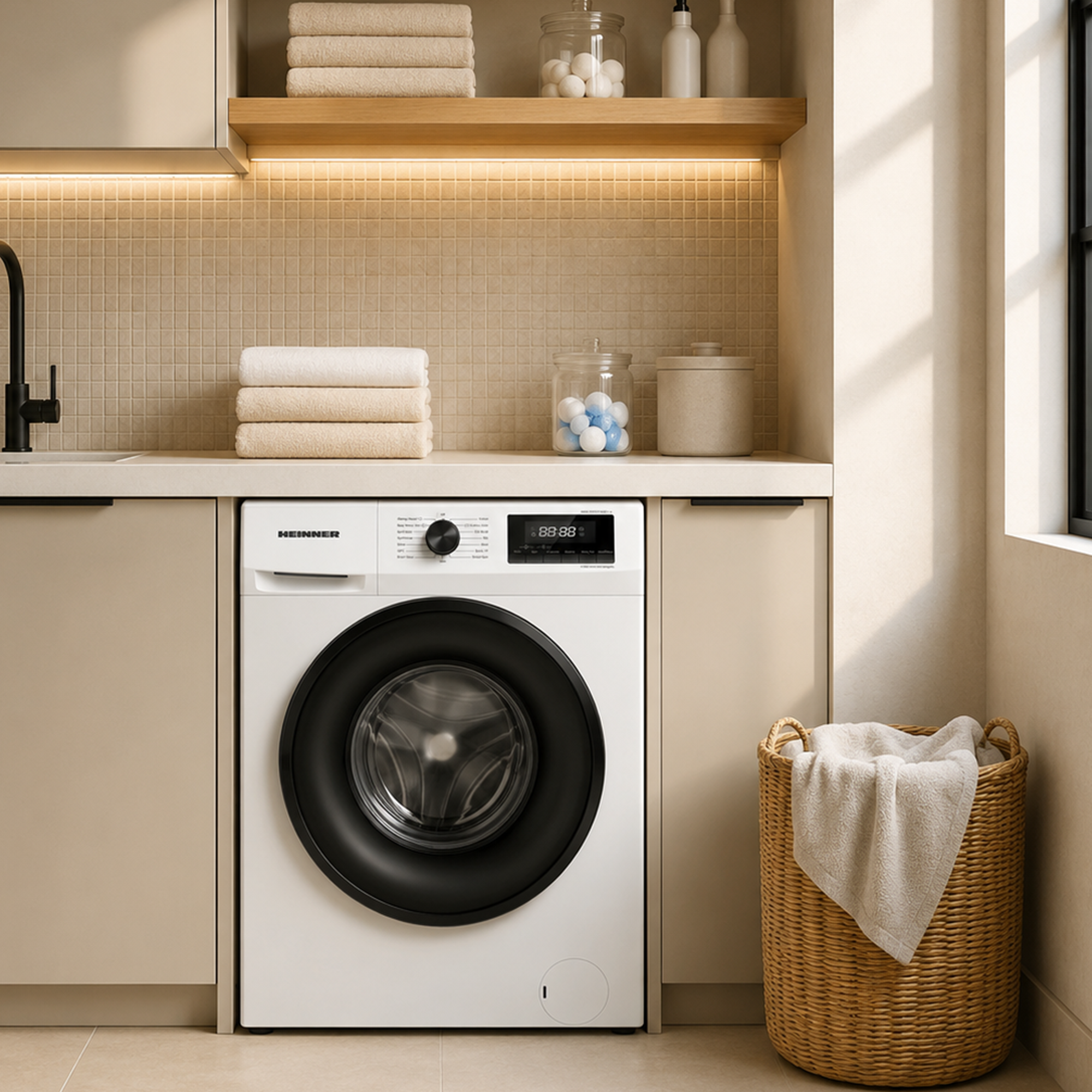 Un lave-linge blanc dans une cuisine lumineuse, avec un panier à linge à côté et des serviettes sur des étagères.