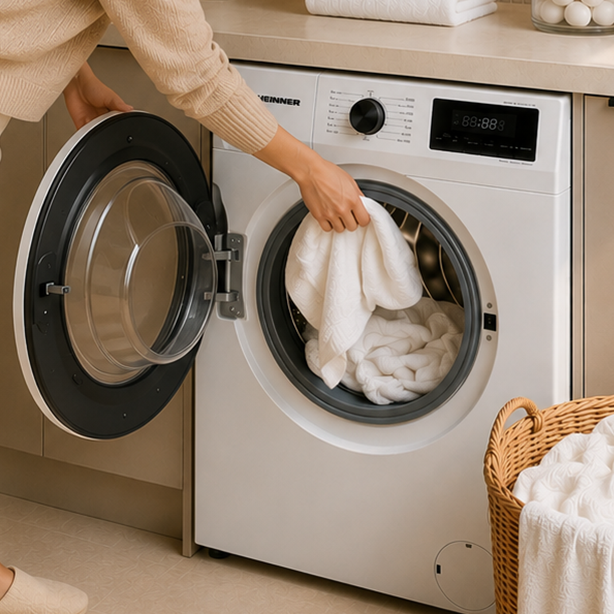 Une personne met du linge blanc dans un lave-linge ouvert dans une cuisine.