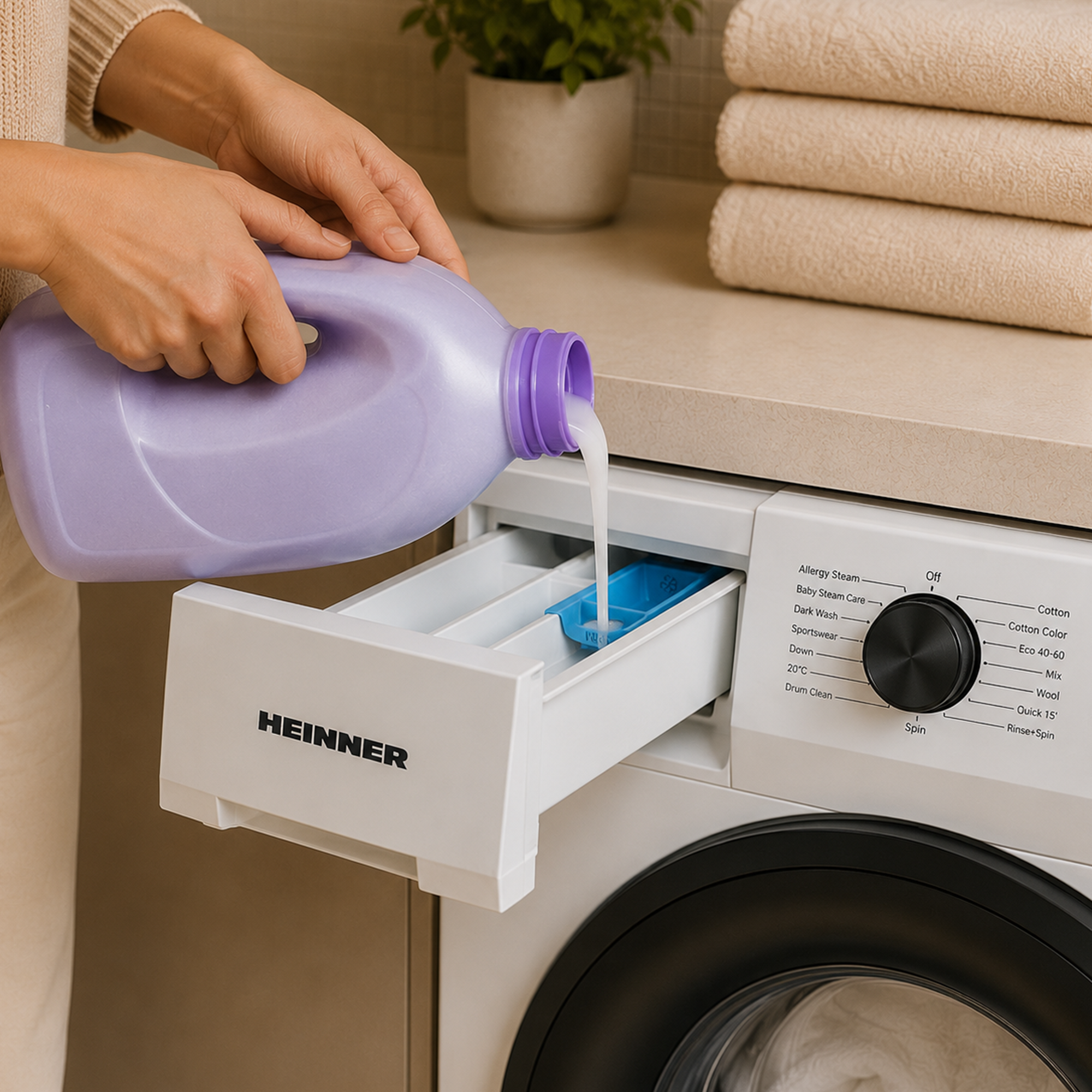 Une personne verse de laI'lessive liquide d'un flacon violet dans le bac d'un lave-linge.