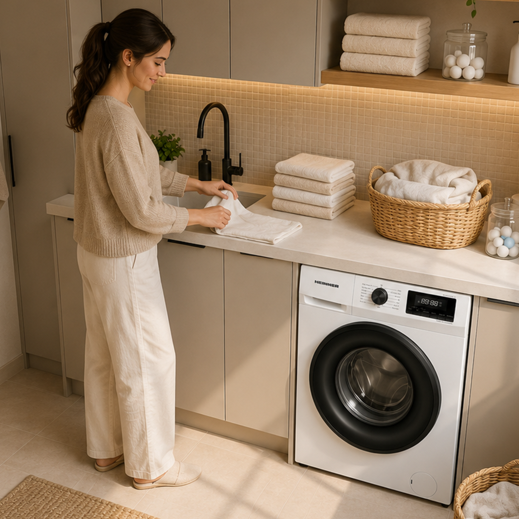 Eine Frau faltet ein weißes Handtuch in einer modernen Küche mit einer Waschmaschine.