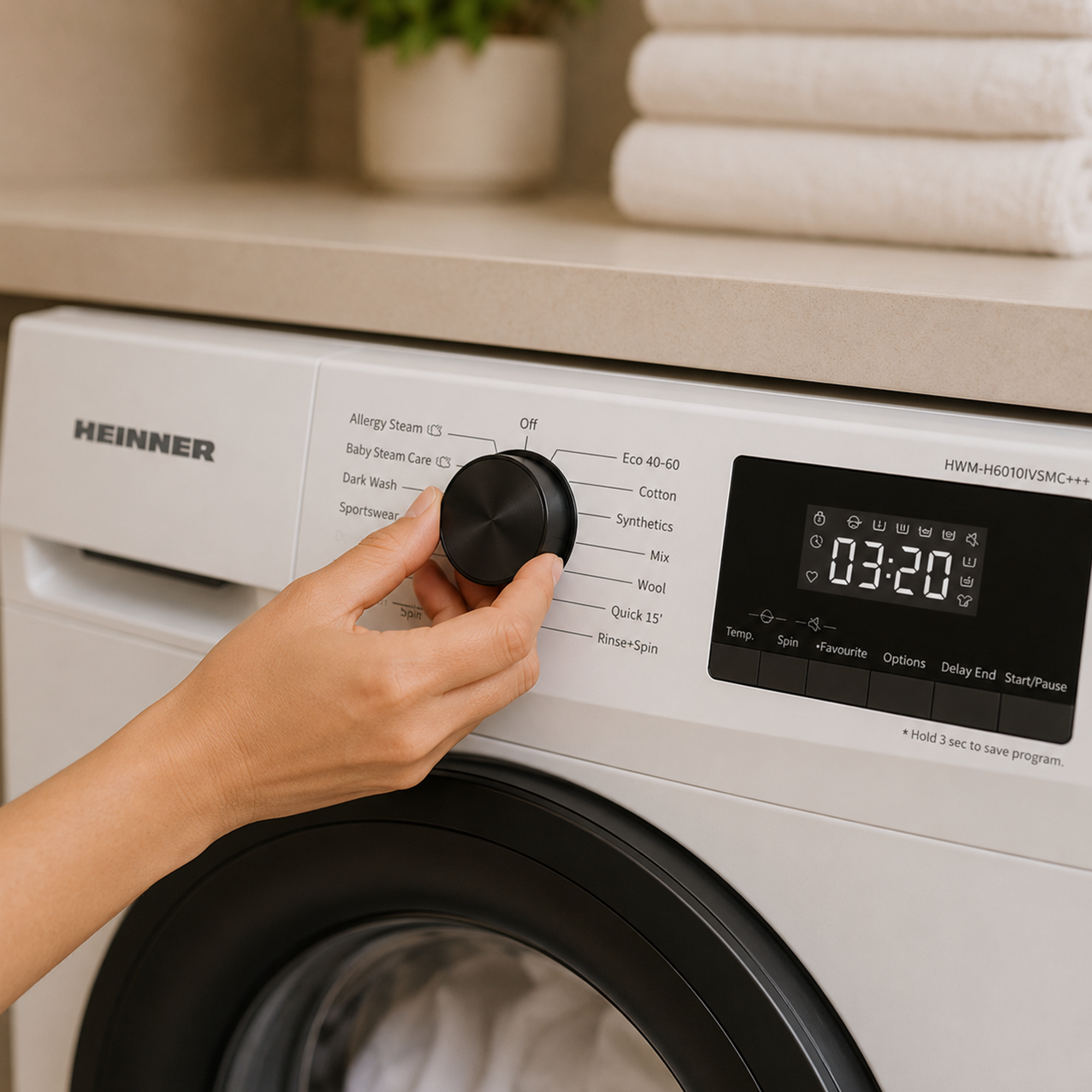 Une main tourne le bouton noir d'une machine à laver Heinner blanche, l'écran affiche 03:20.