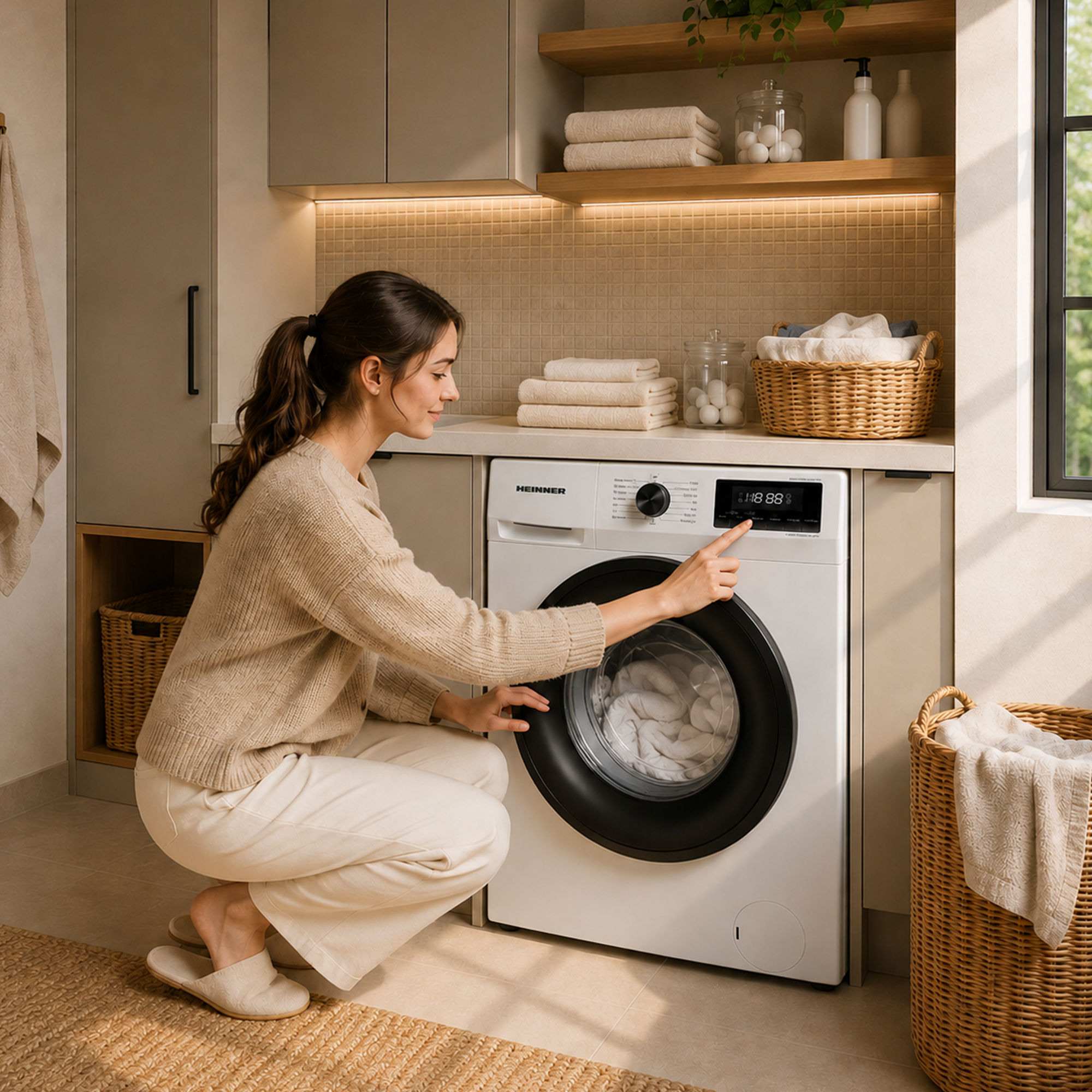 Une femme en vêtements clairs appuie sur l'écran d'un lave-linge blanc dans une buanderie moderne.
