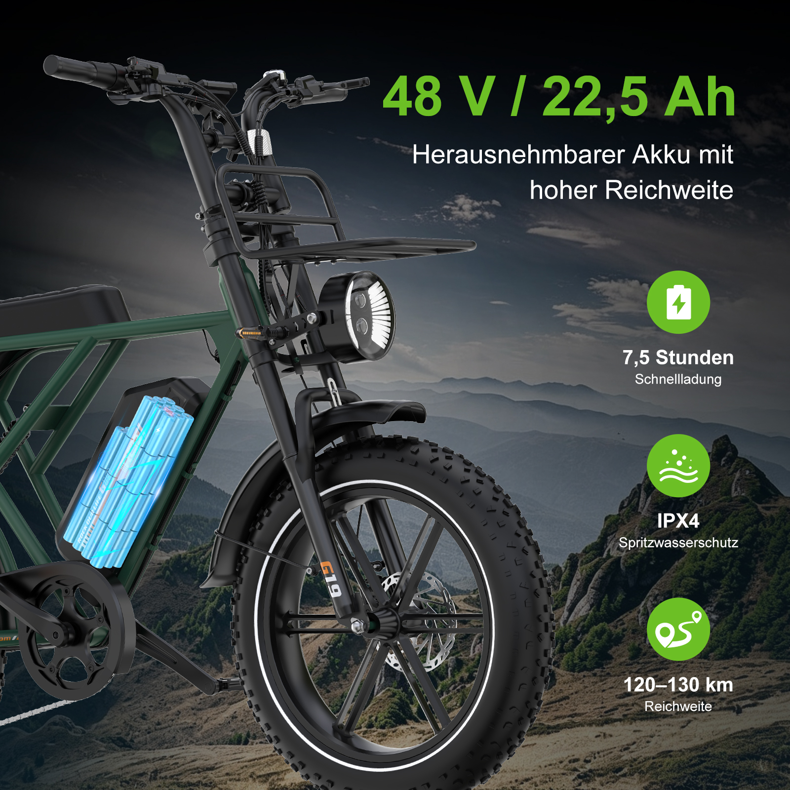 Grünes E-Bike vor einer Bergkulisse mit Text und Batterie-Details.
