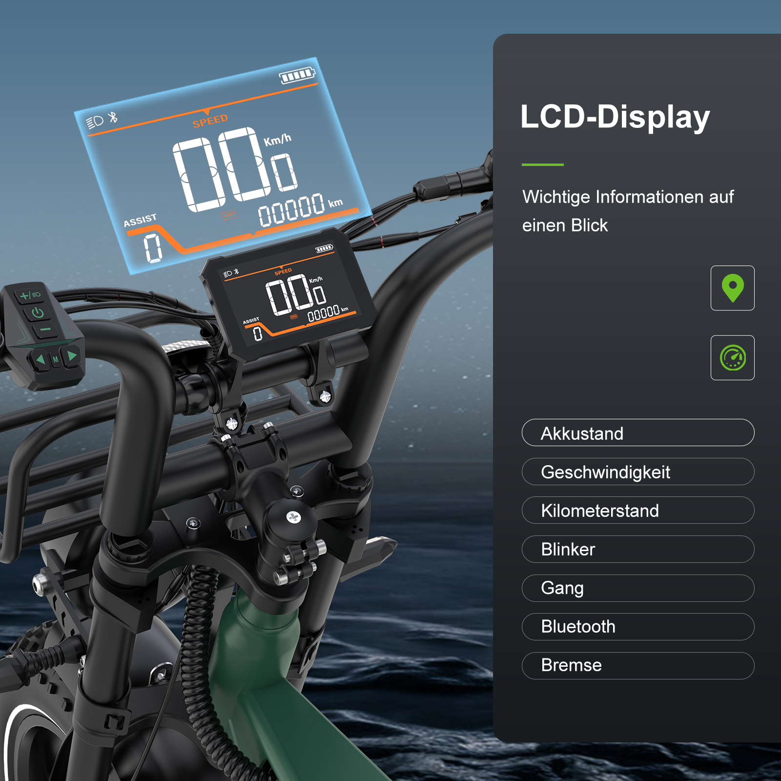 LCD-Display am E-Bike-Lenker zeigt wichtige Informationen wie Geschwindigkeit und Akkustand an.