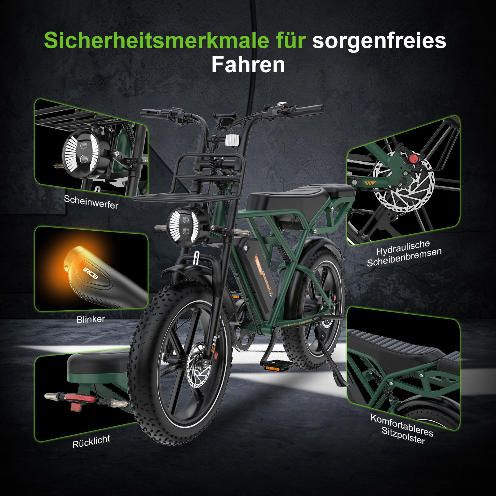 Grünes E-Bike mit vergrößerten Detailansichten von Scheinwerfer, Blinker, Rücklicht, Bremse und Sitz.