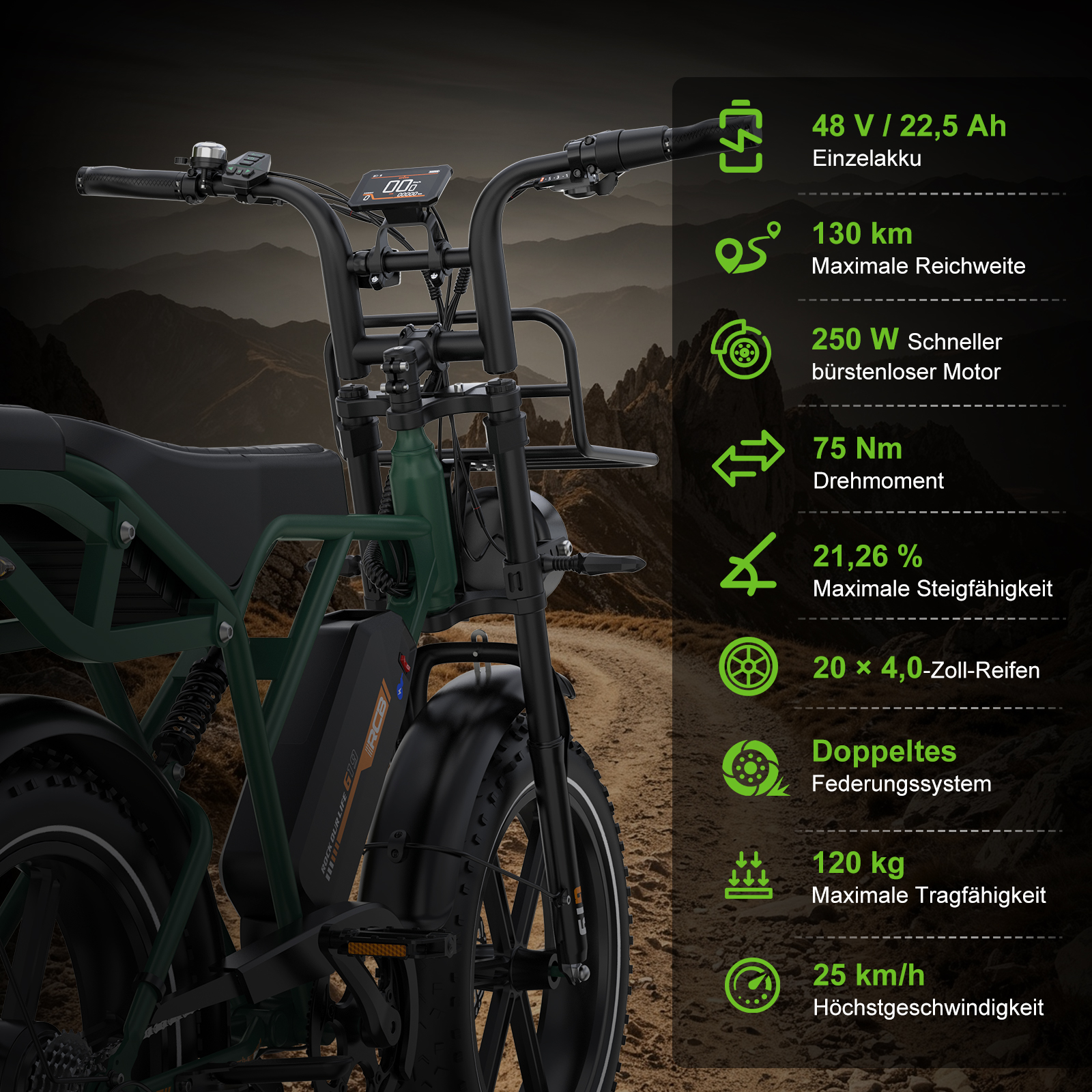 Grünes E-Bike vor Berglandschaft mit technischer Ausstattungsliste auf der rechten Seite.