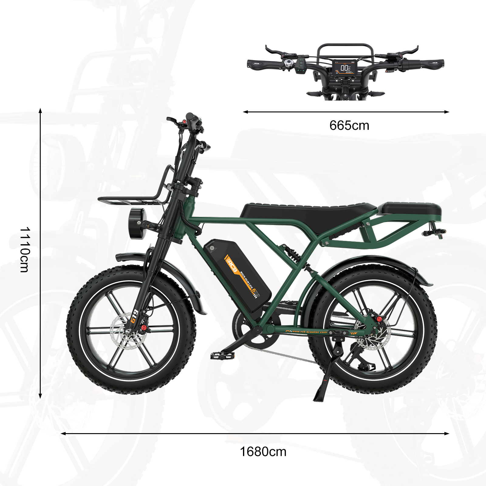 Grünes Elektrofahrrad mit Batterie, dicken Reifen und Abmessungen.