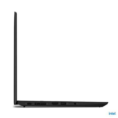 Seitenansicht eines schwarzen Laptops mit Anschlüssen und Intel-Logo unten rechts.