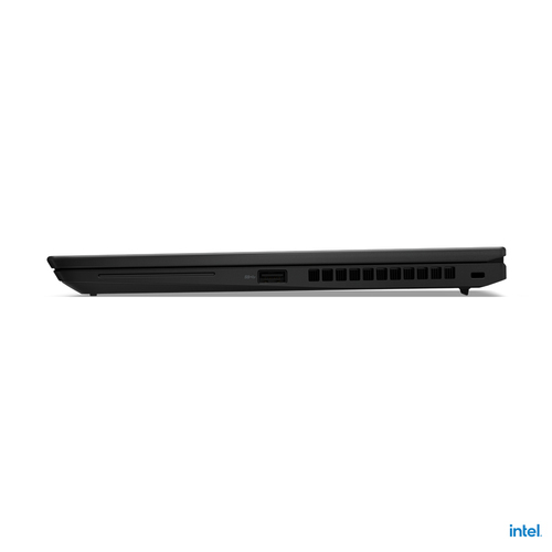 Seitenansicht eines geschlossenen schwarzen Laptops mit sichtbaren Anschlüssen und Lüftungsschlitzen auf weißem Hintergrund.