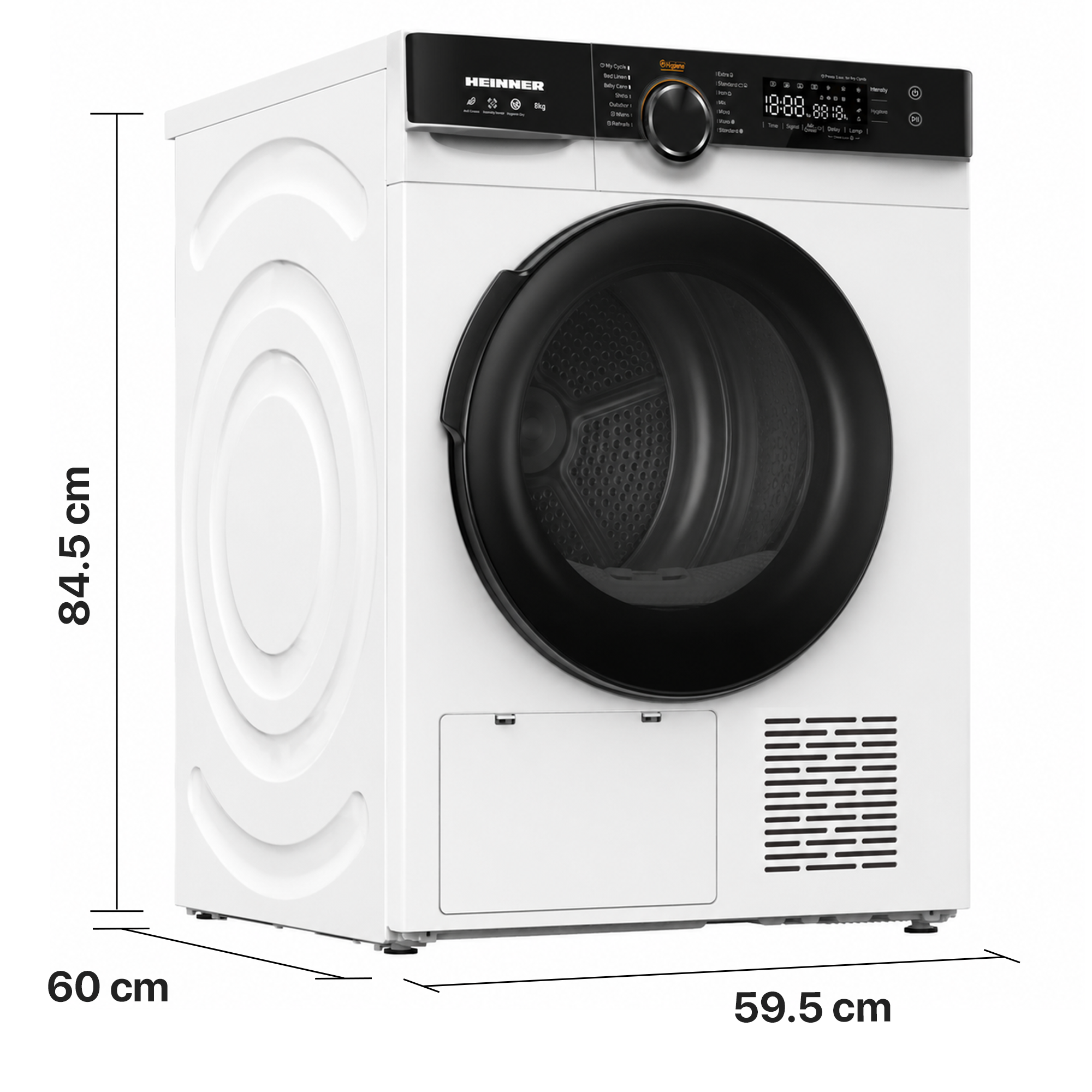 Witte Heinner droogautomaat met zwarte deur en bedieningspaneel, afmetingen 84,5x59,5x60 cm.
