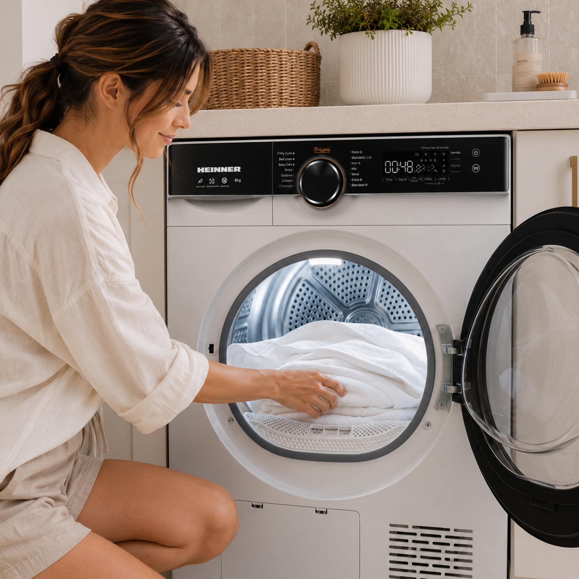 Een vrouw in witte kleding legt witte handdoeken in de open trommel van een moderne witte wasdroger.