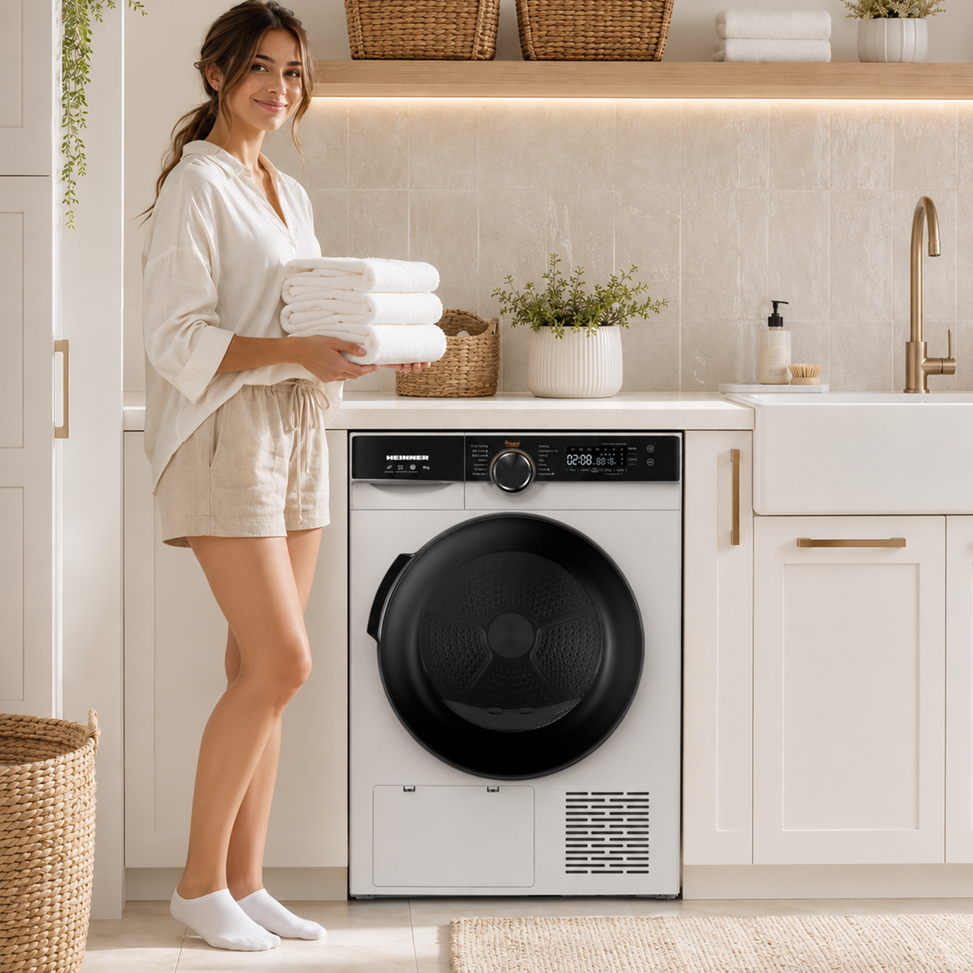 Une femme tient des serviettes blanches près d'un lavant-séchant dans une cuisine lumineuse.