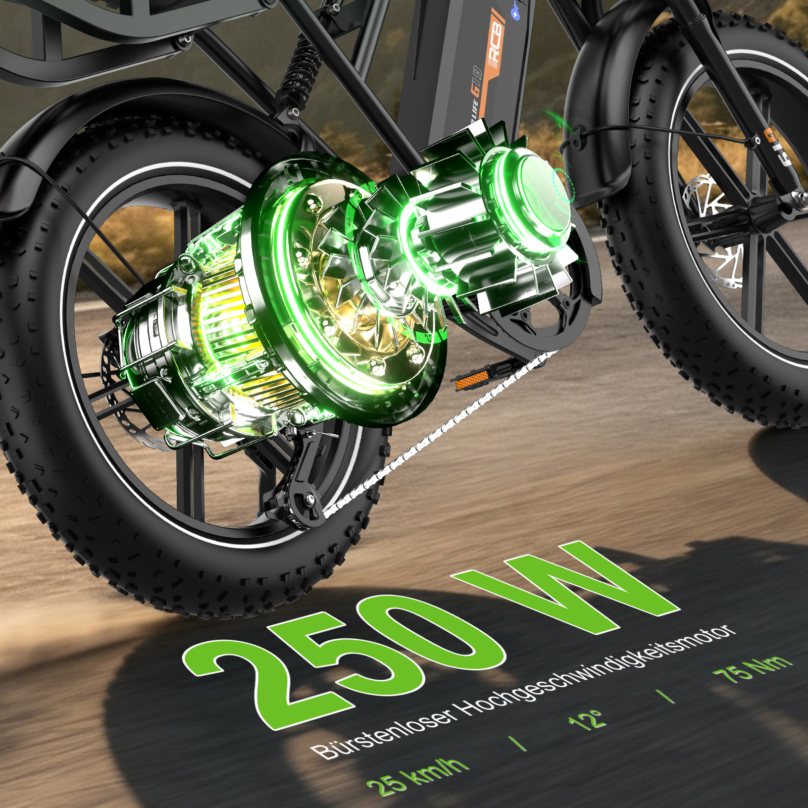 Ein beleuchteter 250W E-Bike Motor im Rad.