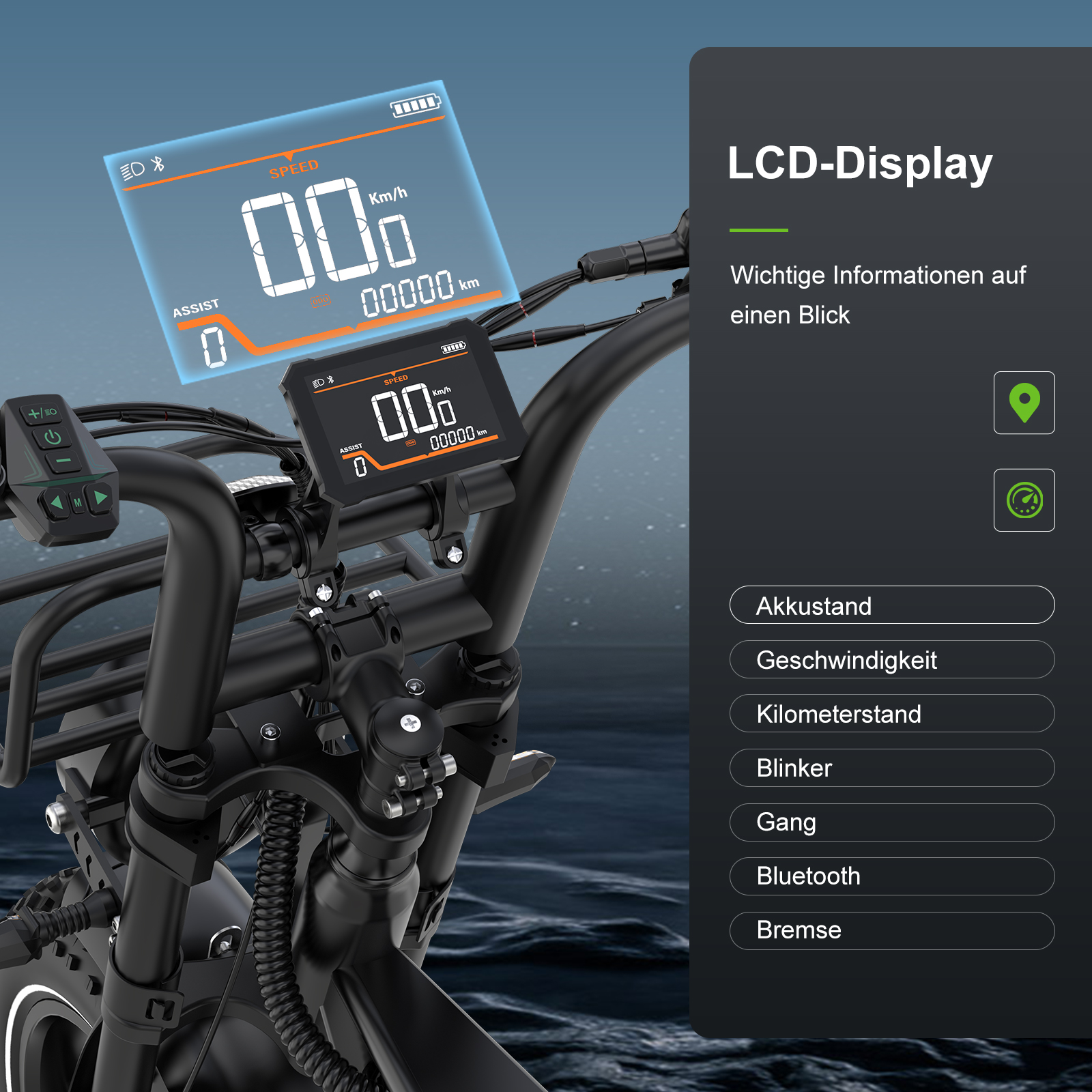 LCD-Display am E-Bike Lenker zeigt Geschwindigkeit, Akkustand und Kilometerstand an.