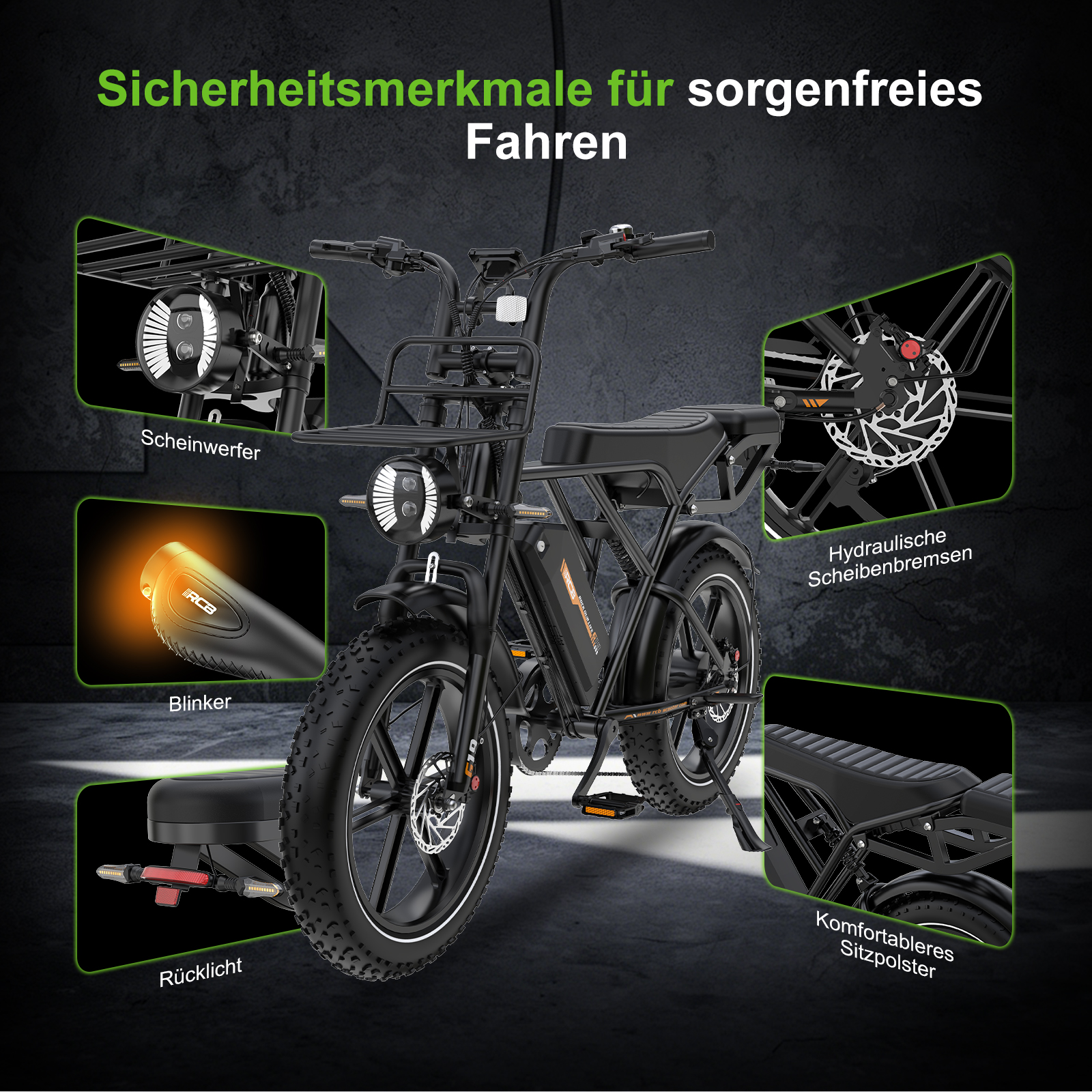 Ein schwarzes Elektrofahrrad zeigt Sicherheitsmerkmale wie Scheinwerfer, Scheibenbremsen und Blinker.