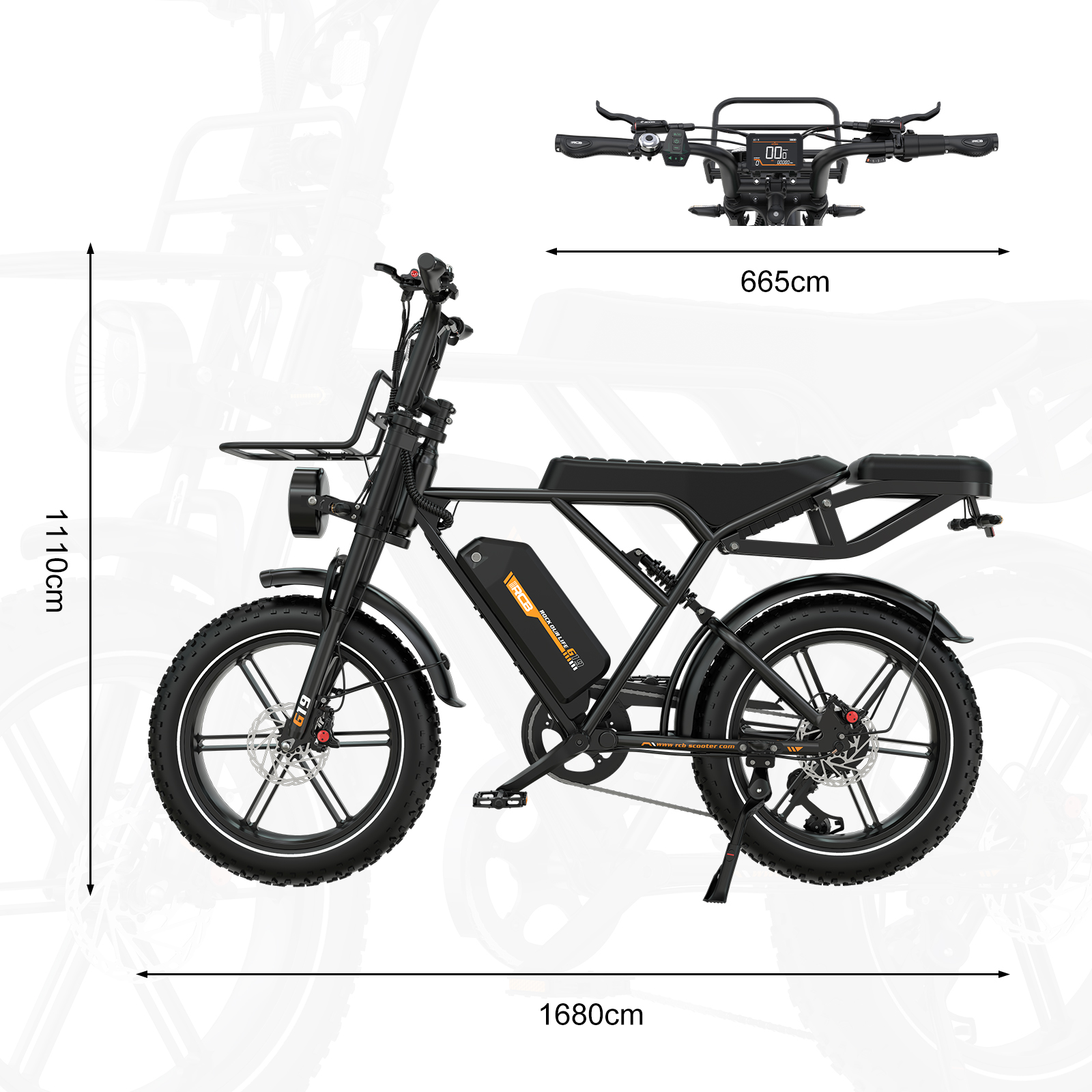 Ein schwarzes E-Bike mit dicken Reifen, Akku, Frontgepäckträger und Maßangaben in cm.