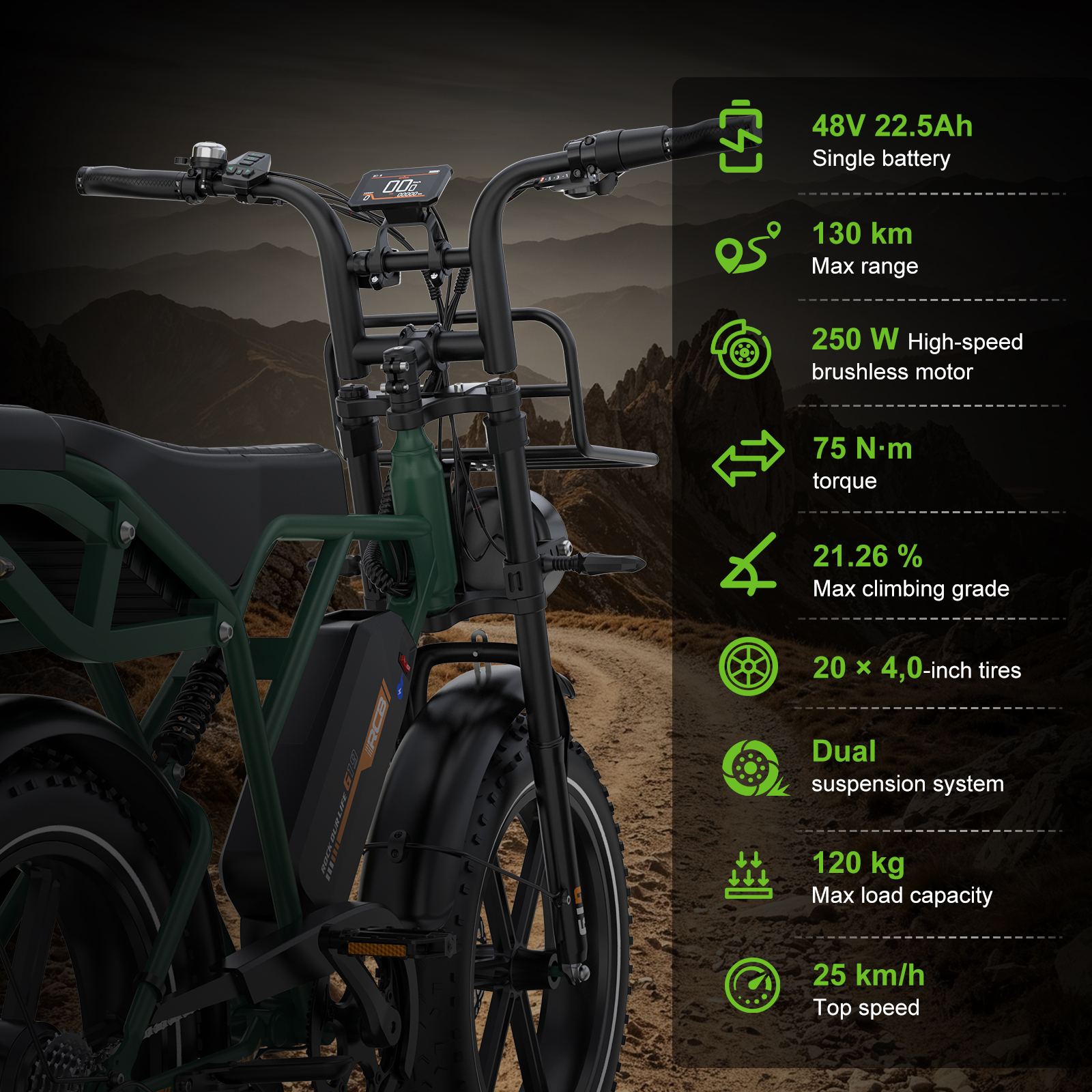 Bicicleta eléctrica verde frente a montañas con especificaciones.
